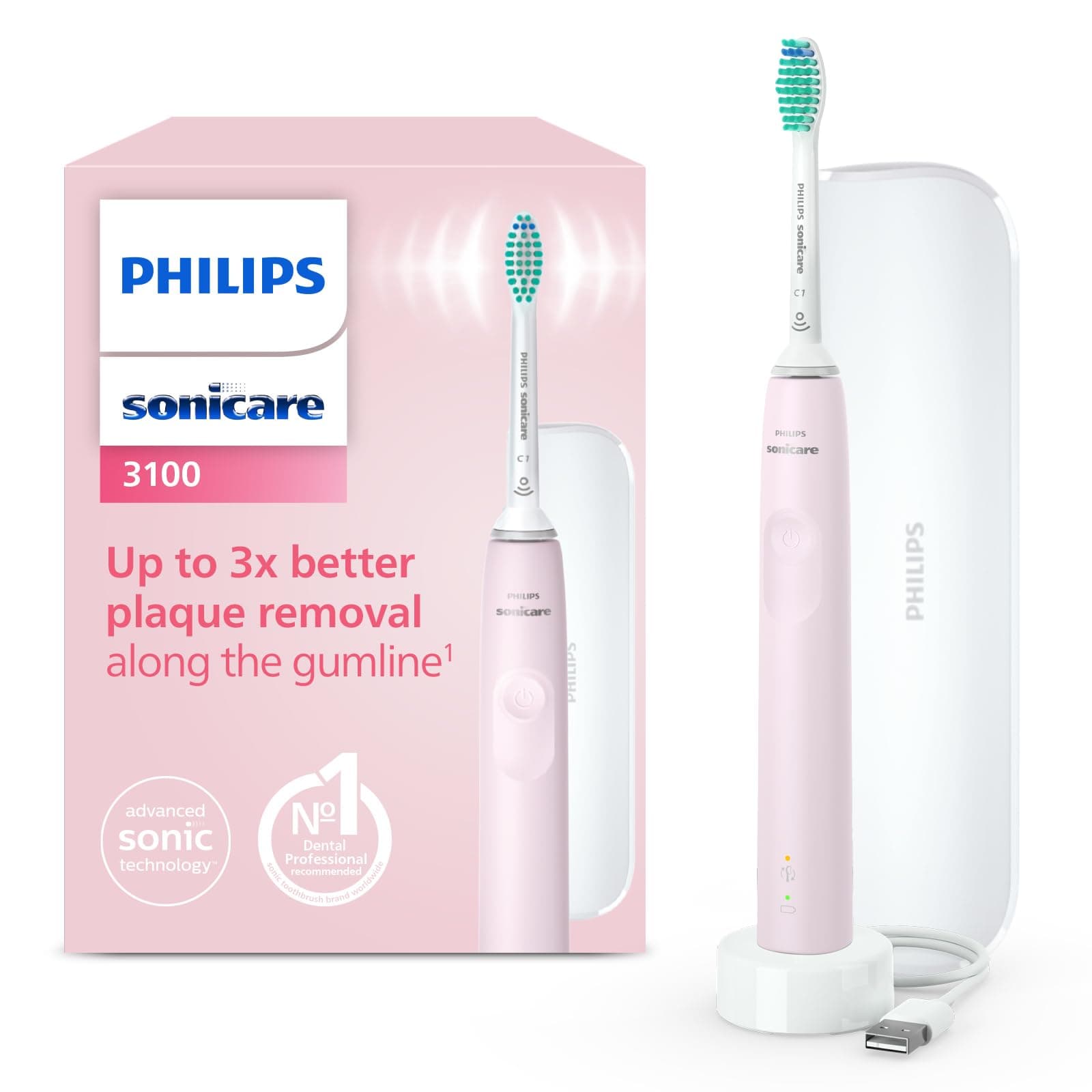Philips Sonicare Serie 3100 Spazzolino elettrico sonico, con sensore di pressione incorporato, SmarTimer e QuadPacer, 1 testina, custodia da viaggio, rosa, HX3673/11, Sonicare 3100, Rosa