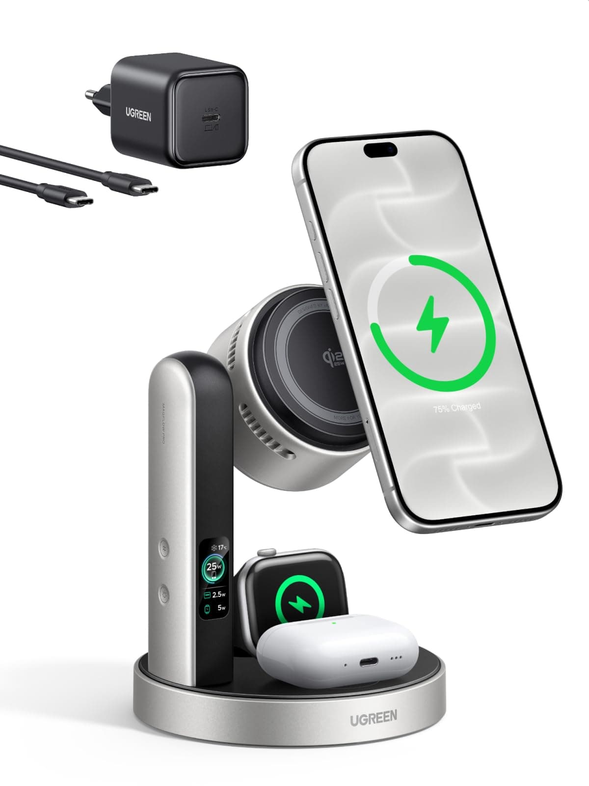 UGREEN MagFlow Pro 3 en 1 Chargeur Induction Qi2 25W, Ventilateur TEC | Compatible avec iPhone 18-12 Air/Plus/Pro/Max, iWatch 12-6/Ultra 2/Ultra/SE 2/SE, AirPods 5 4/3/2/Pro 2 1, Adaptateur Inclus