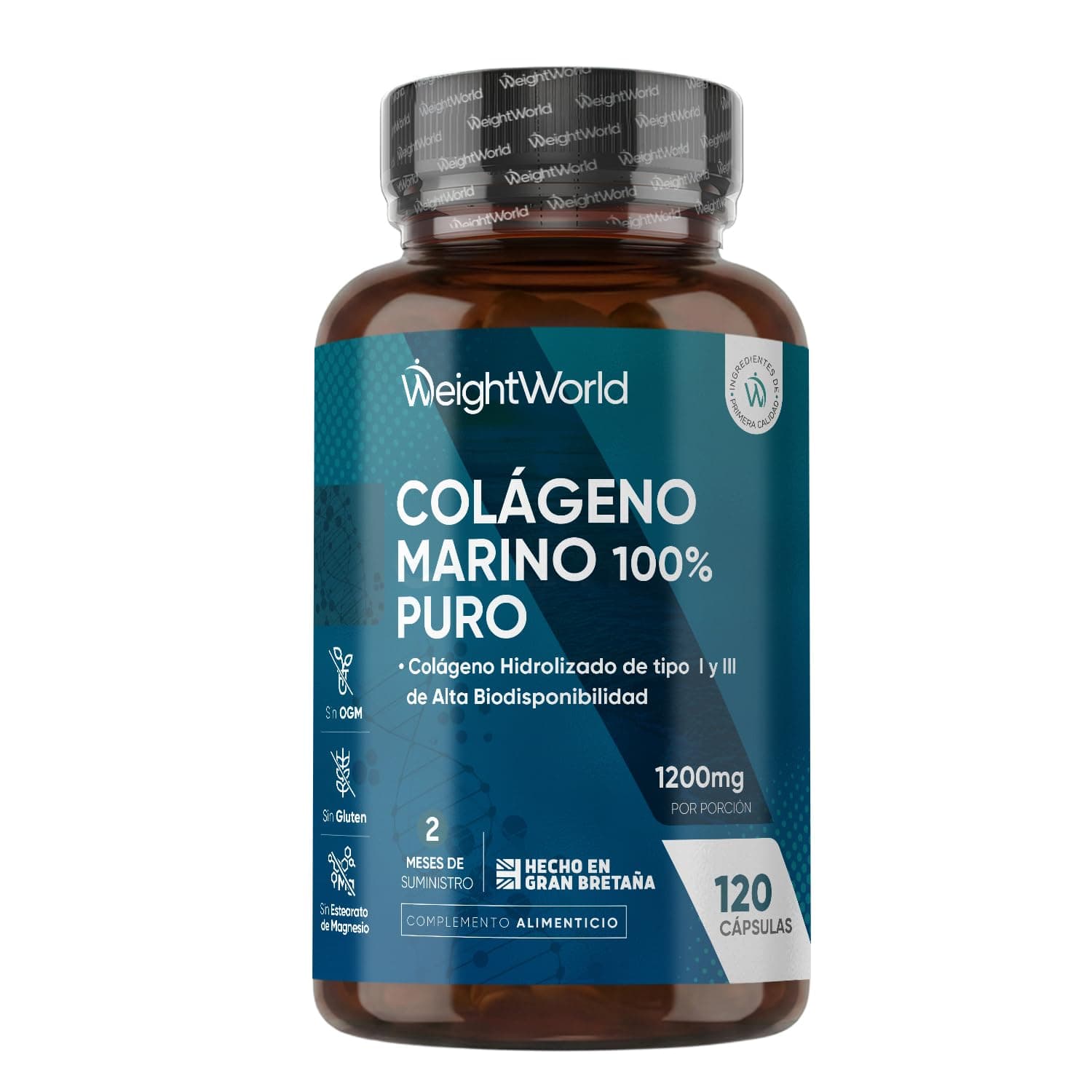 Colágeno Marino Hidrolizado 100% Puro 1200 mg, Suministro para 2 Meses | 120 Cápsulas de Péptidos de Colágeno de Pescado Hidrolizado Tipo I y III - Sin Gluten y Sin OGM