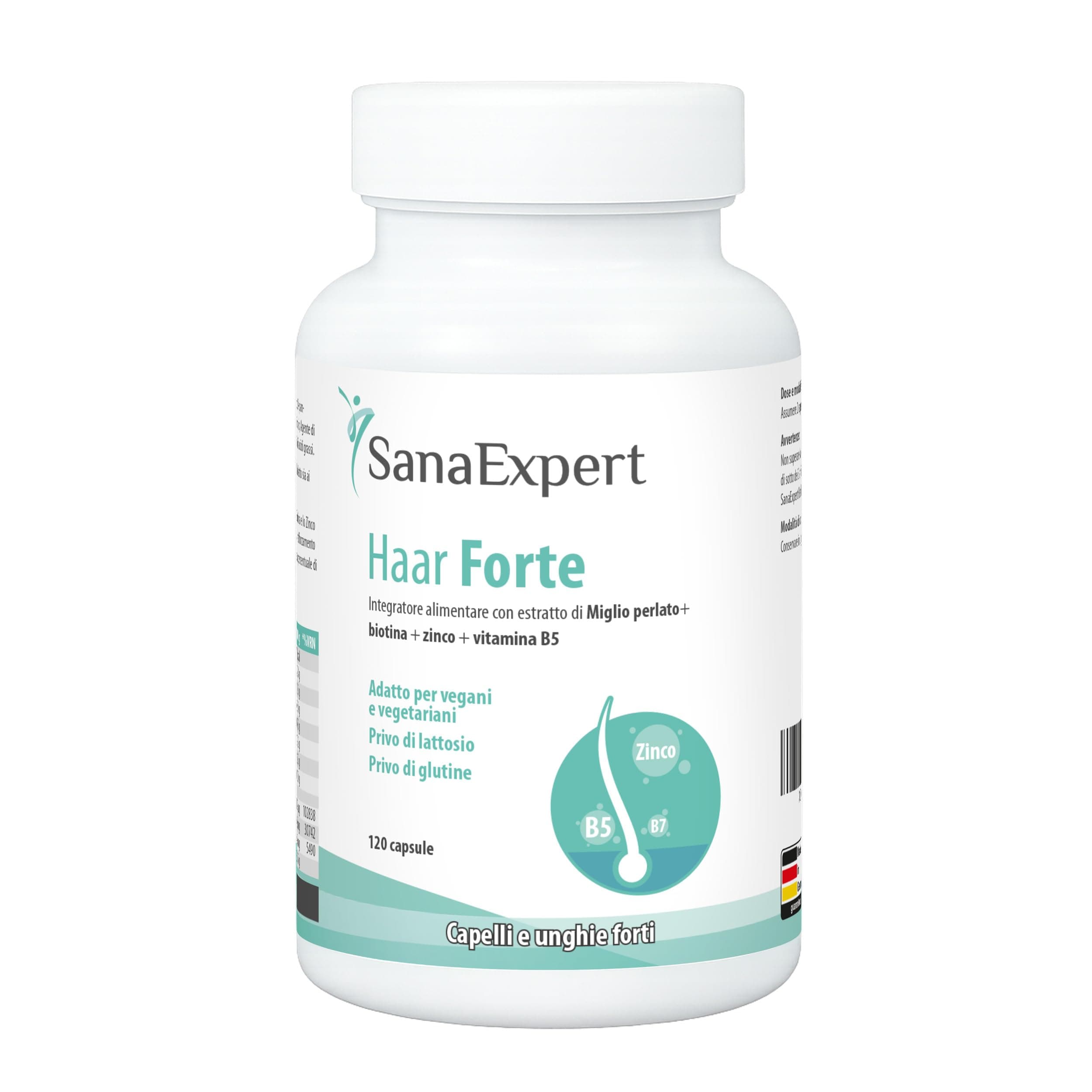 SanaExpert Haar Forte - Integratore per Capelli e Unghie - Con Biotina, Zinco, Miglio Perlato e Selenio - 120 Capsule Vegane - Prodotto in Germania