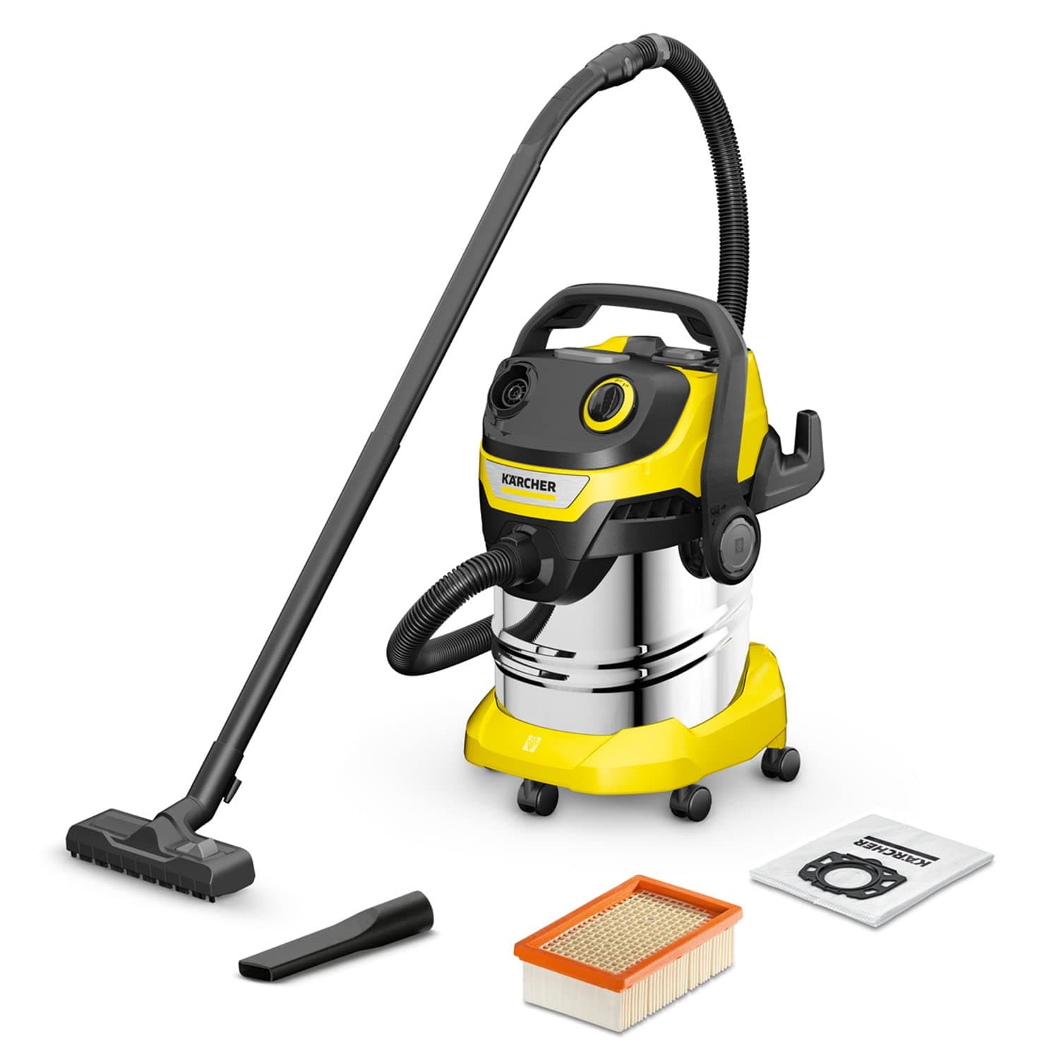 KÄRCHER aspiratore solidi liquidi WD 5 S V-25/5/22, 1200 W, contenitore in acciaio inox: 25 l, tubo di aspirazione: 2,2 m, funzione soffiante, filtro in vello, pulizia automatica filtro