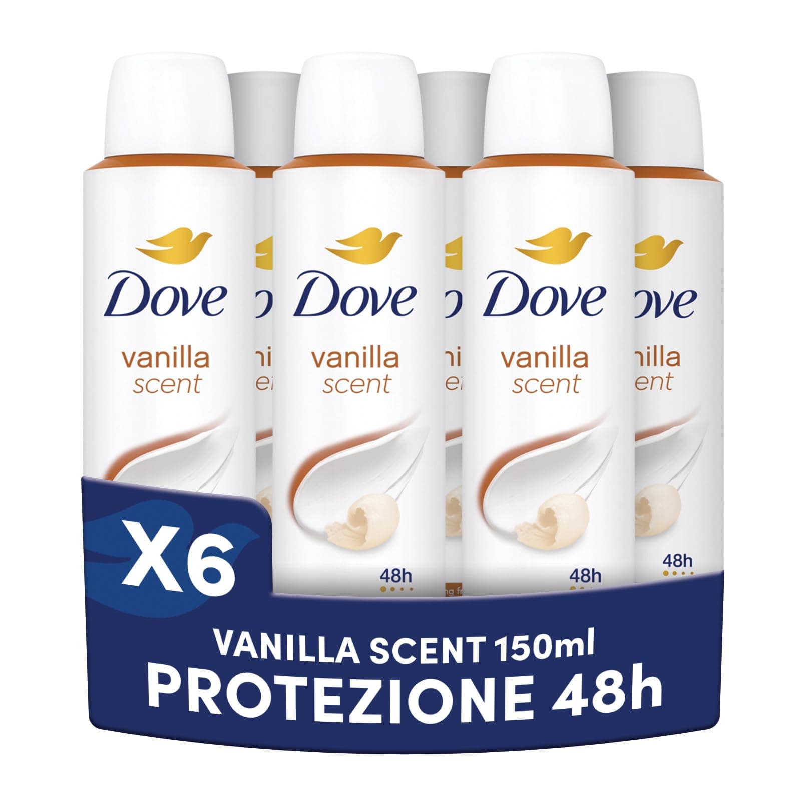 Dove Deodorante Spray, Dove Classic Care Vaniglia, Deodorante Antitraspirante Spray, Protezione Fino a 48 Ore, con 1/4 di Crema Idratante, Formula Delicata, Deodorante Uomo e Donna, 6 Pezzi da 150 ml