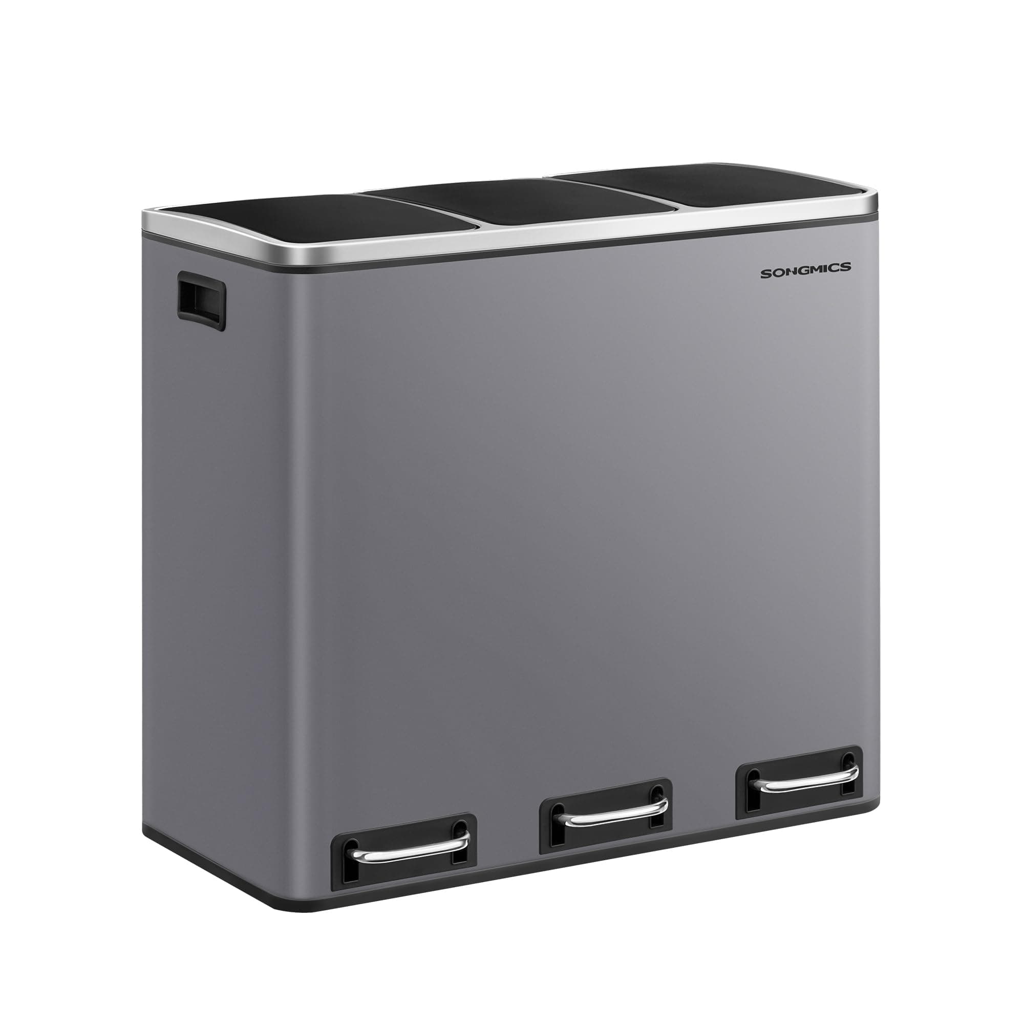 SONGMICS Mülleimer Küche, 3 x 18 L, Mülltrennsystem 3 Fächer, inklusive 15 Müllbeutel, Abfalleimer, Treteimer, für recycelbare Abfälle, Biomüll, mit Deckel, mattgrau LTB054G01