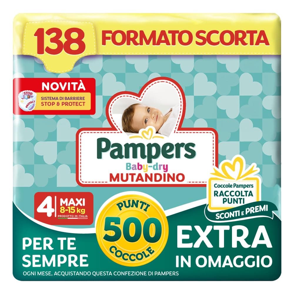Pampers Baby Dry Mutandino Maxi, Taglia 4 (8-15 kg), Formato Scorta, Barriera Stop&Protect, Anti-Fuoriuscite, Fascia Elastica, Asciutto 12h, Cambio Facile, 138 Pannolini Bambino + 500 Punti Omaggio