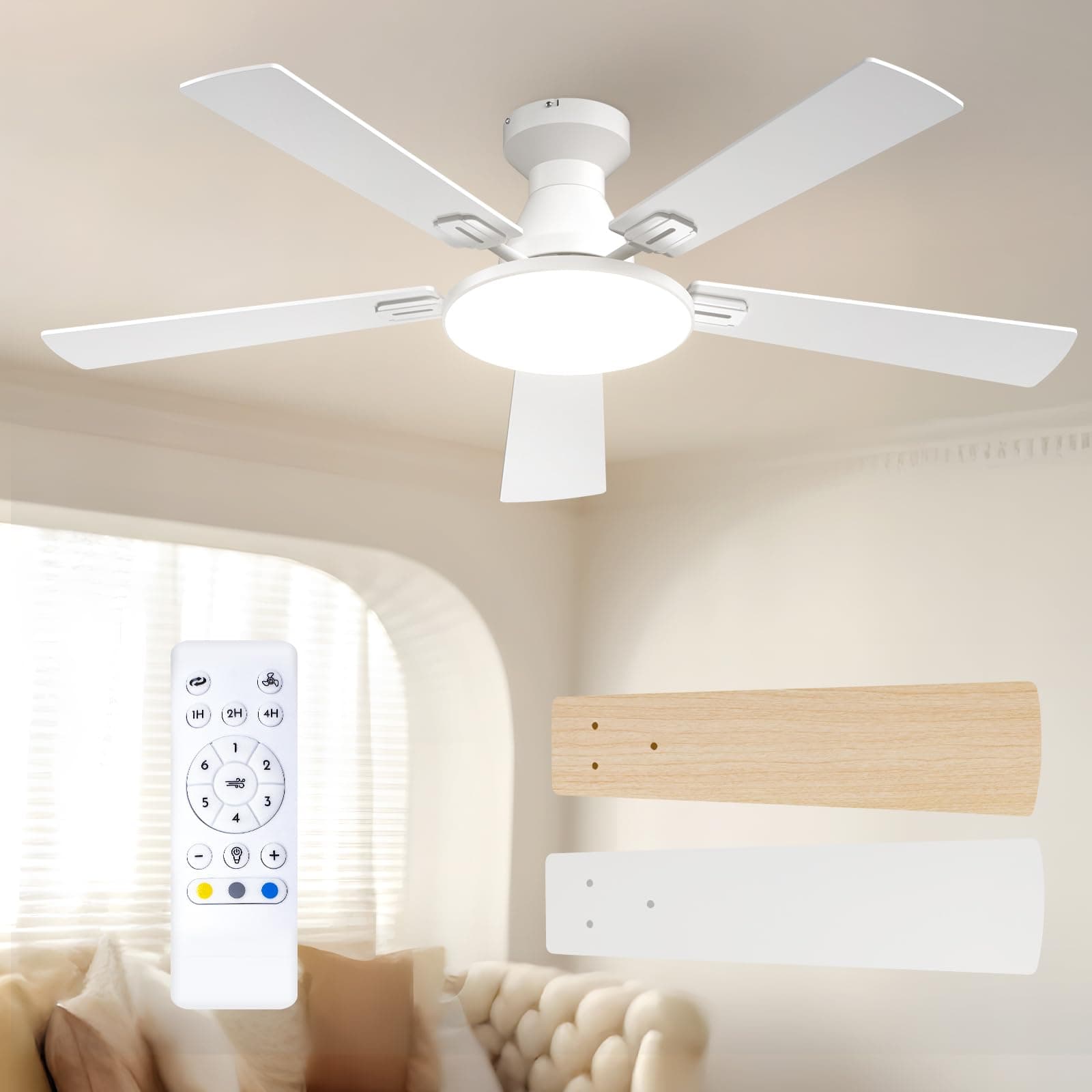 Passky Ventilador de Techo con Luz Silencioso 132cm | Mando a Distancia | Motor DC | 3 Luces Regulables | Modo Verano-Invierno | 6 Velocidades | Temporizador | Techo | Blanco