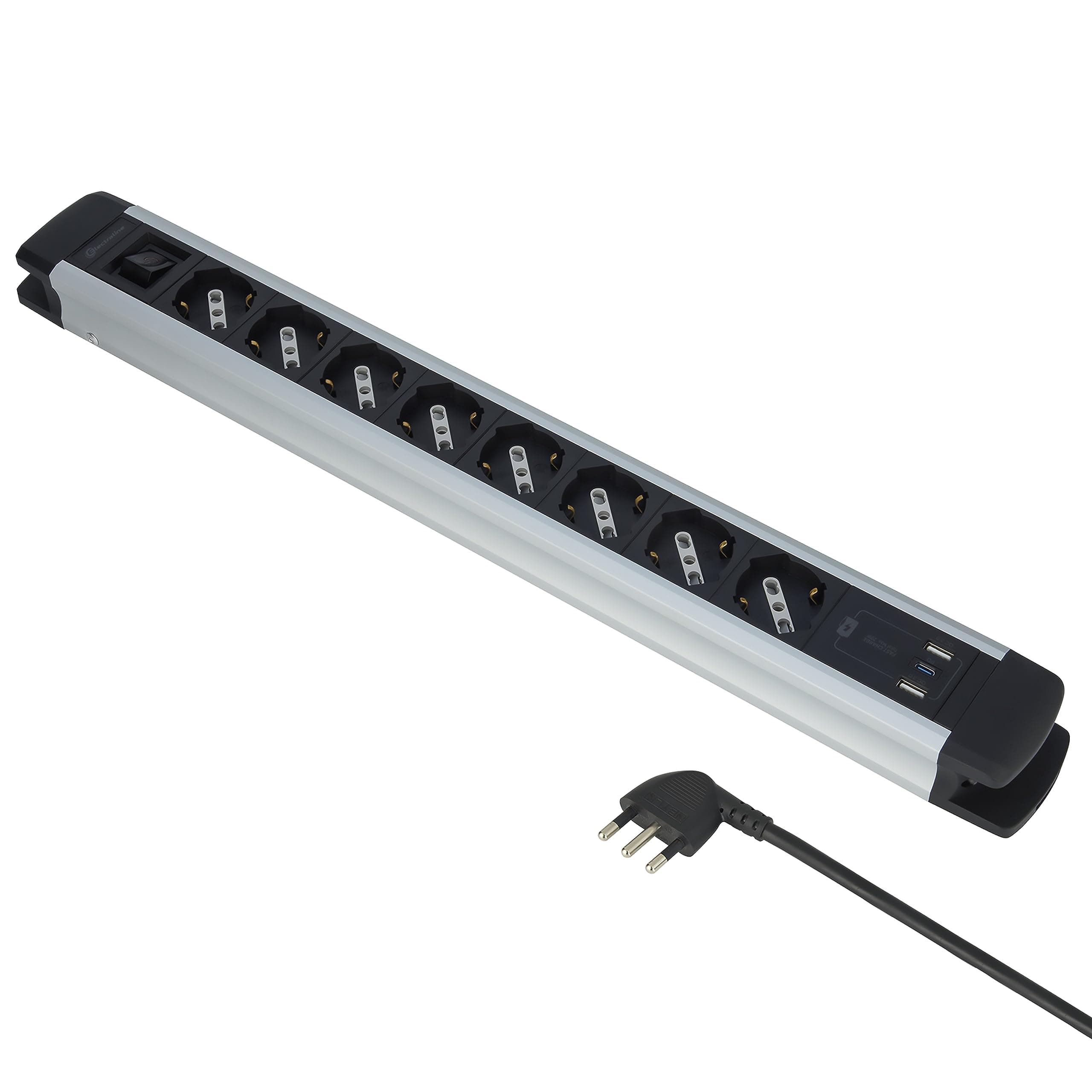 Electraline 61922 Multipresa Alu-Line 8 Posti Polivalenti, Schuko +10/16 A + 3 USB (2 A 3.0A + 1 C 20W Power Delivery) Con Interruttore Luminoso ON/OFF, 2M, Corpo in Alluminio