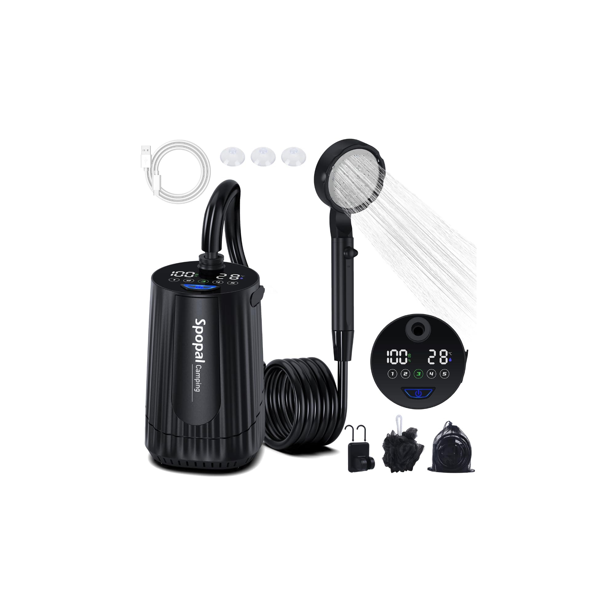 Spopal Ducha Camping Portatil, [Pantalla Temperatura] 10000mAh Recargable Ducha Camper, Larga Duración, Modo de 5 Velocidad, Ducha Portatil Bateria para Hacer Caminatas, Duchas para Perros