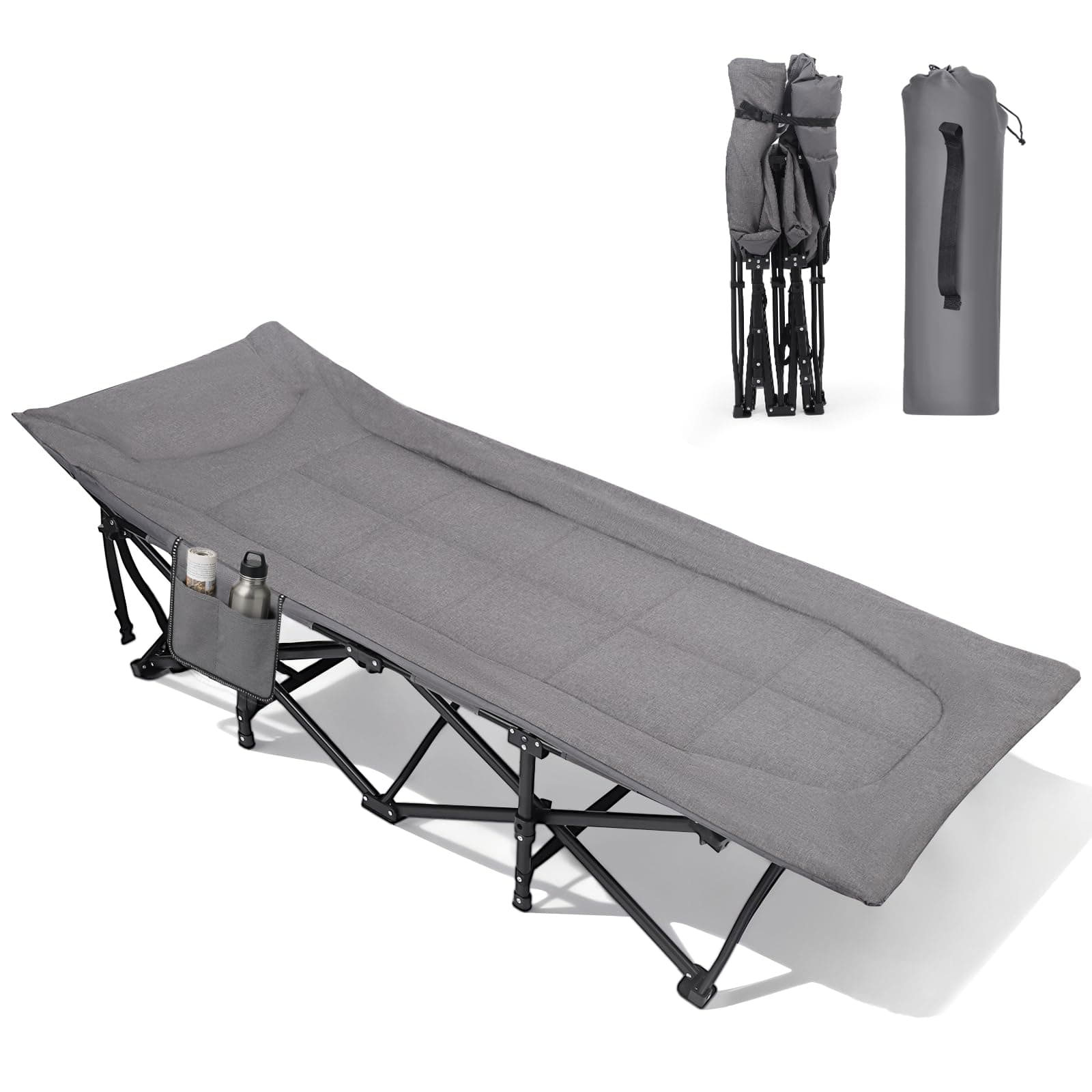 Sekey Campingbett klappbar mit Polster & Seitentasche, bis 190 x 71 x 36 cm, überbreite Liegefläche, Campingliege/Sonnenliege für Outdoor & Indoor – ideal für Garten, Camping, Festival und Reise