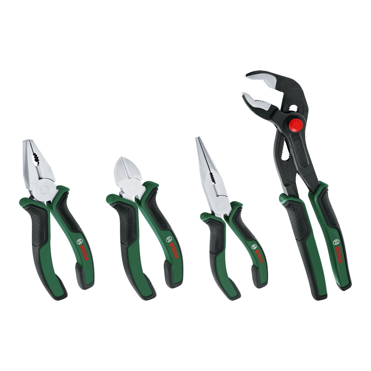 Bosch - Set de 4 pinces (pince coupante diagonale précise et durable, pince universelle, pince à bec long et pince multiprises pour une utilisation polyvalente; revêtement softgrip ; surface nickelée)