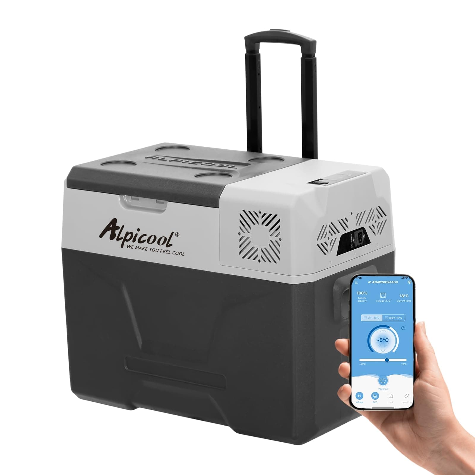 Alpicool CX40 40 litros Nevera portátil 12 V, para Coche, Camping, camión, Barco y Enchufe con conexión USB, Barra telescópica, Rueda