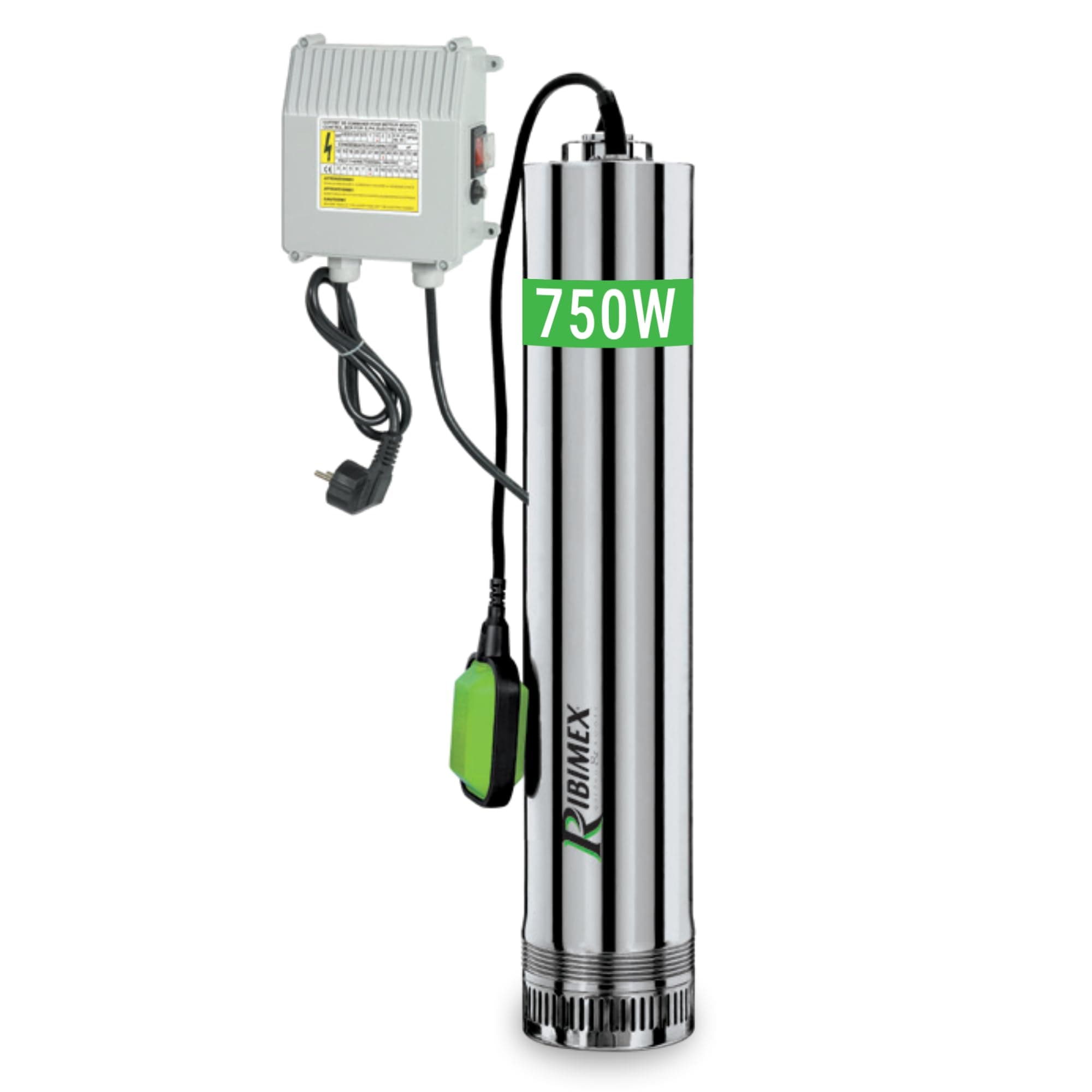 Ribimex Pompa Sommersa per Pozzi 4 Turbine, Acque Chiare, 750W, Portata 8000L/h, Immersione Max 15 m, Prevalenza 43 m, in Acciaio Inox, Ideale per Pozzi, Cisterne e Serbatoi - PRPVC751/43F