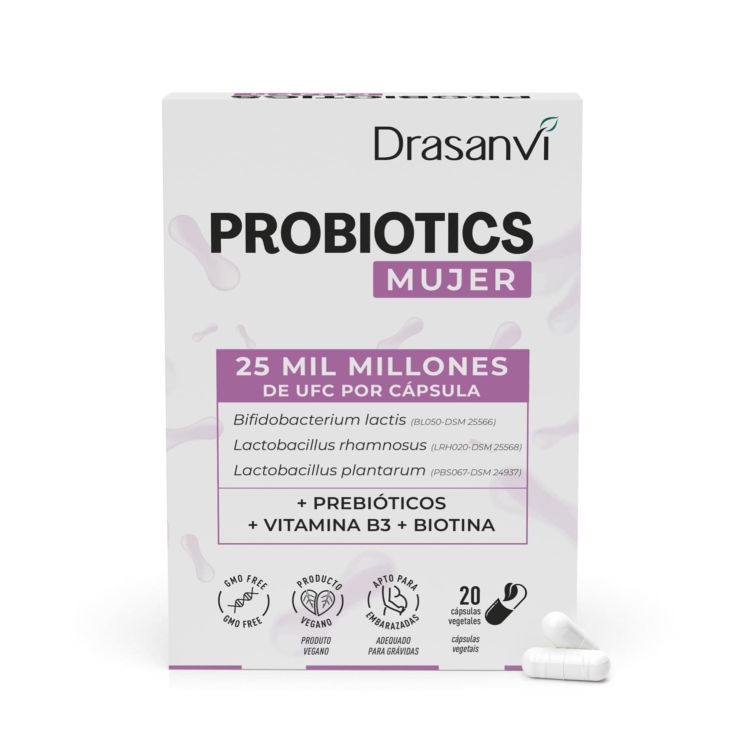 Drasanvi Probióticos Mujer 25.000 Millones UFC por Cápsula con Prebiótico FOS, Vitamina B3 y Biotina, 3 Cepas DSM, 20 Cápsulas Vegetales sin Refrigeración