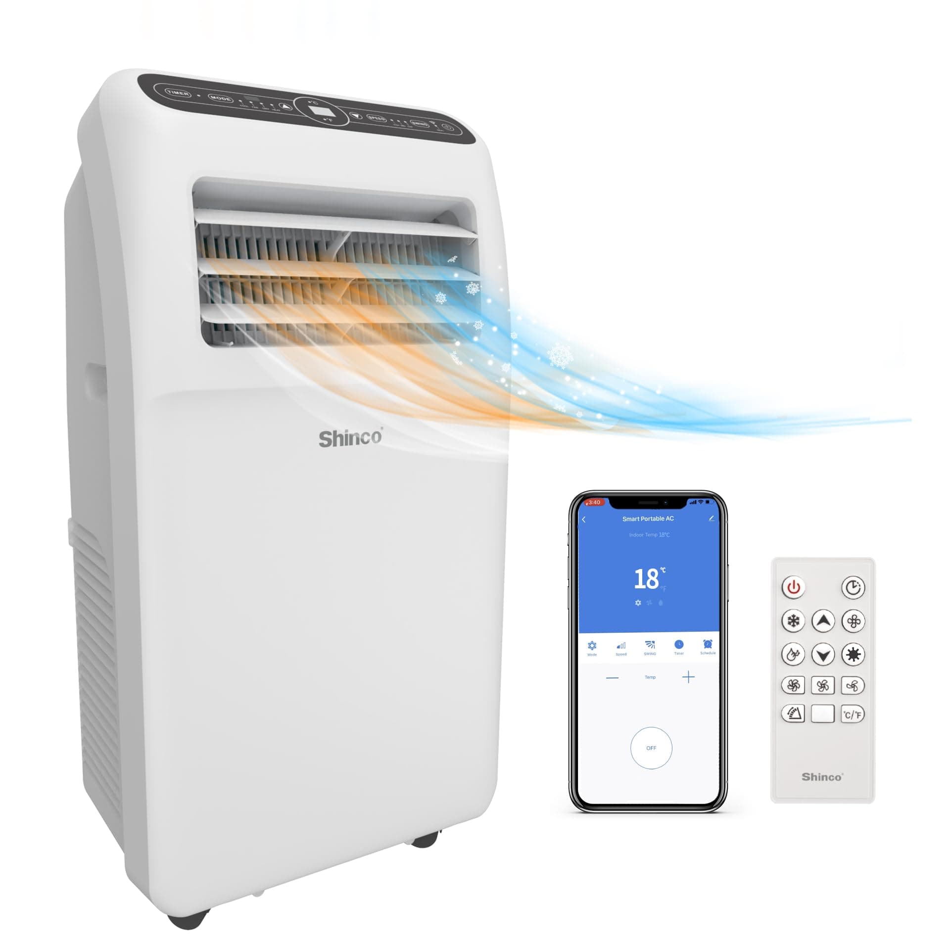 SHINCO Climatiseur Mobile Wifi 12000 BTU/h, Eco R290, 3,5 kW, 4 en 1 Refroidissement, Chauffage, ventilateur, Déshumidificateur, Blanc SPF3-12H-W