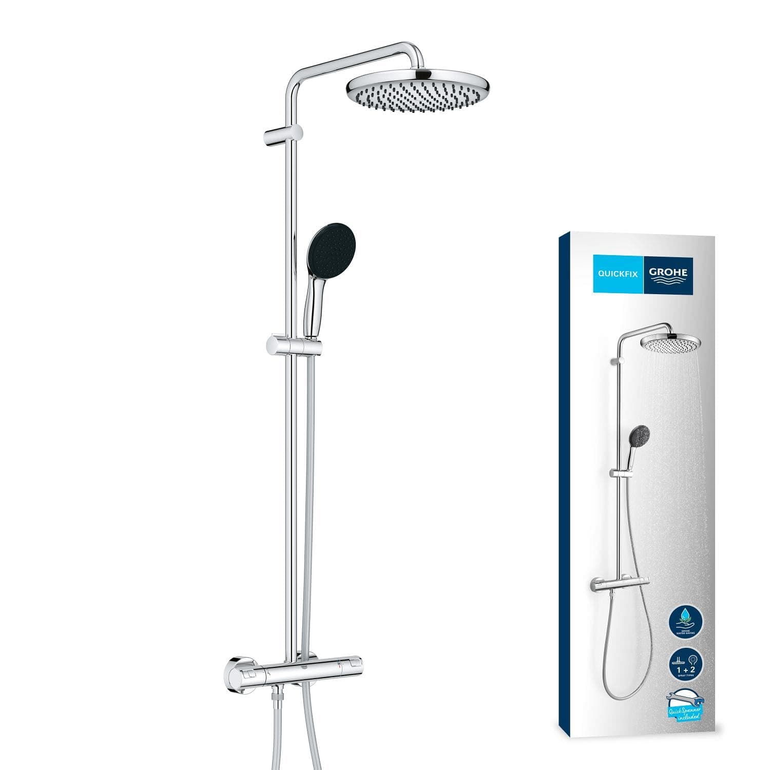 Grohe - Vitalio Start System 250, Colonne de Douche avec Mitigeur Thermostatique, Douchette Vitalio Start 110 2 jets, Flexible 1,75m, Chromé, 26677001