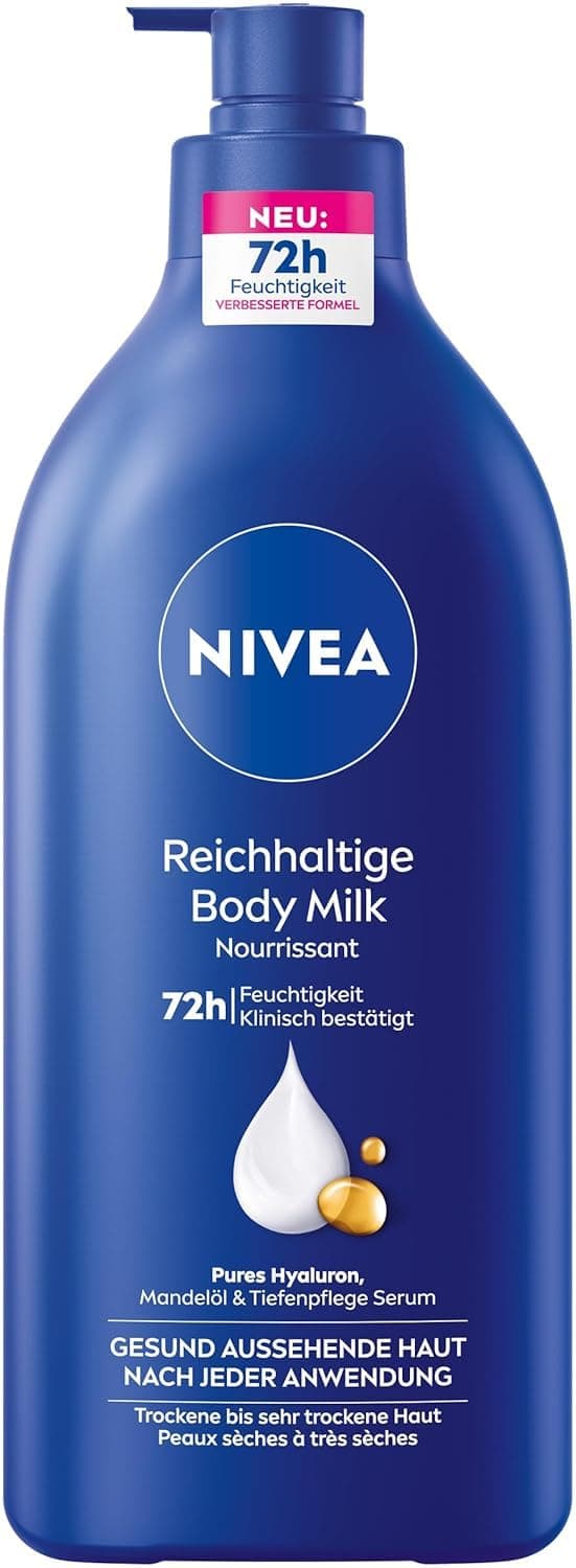 NIVEA Reichhaltige Body Milk, intensiv pflegende Körpercreme mit purem Hyaluron, Mandelöl und Tiefenpflege Serum, Lotion für trockene Haut (625 ml)