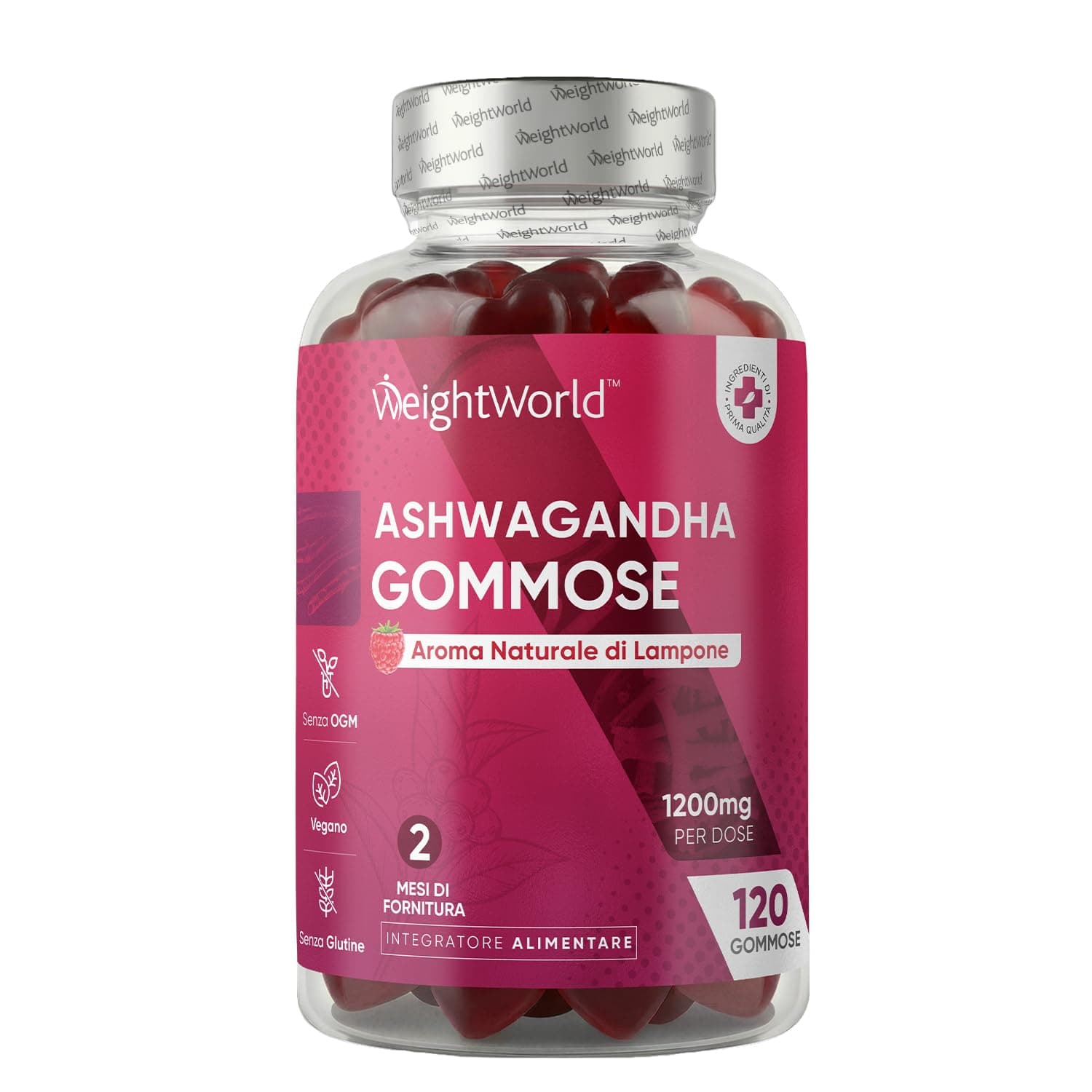Ashwagandha Gommose 1200mg, 120 Caramelle Vegane, (2 Mesi di Fornitura), al Gusto Lampone, Gommose con Ashwagandha Polvere, Estratto 30:1 di Radice Withania Somnifera (Ginseng Indiano), Senza Glutine
