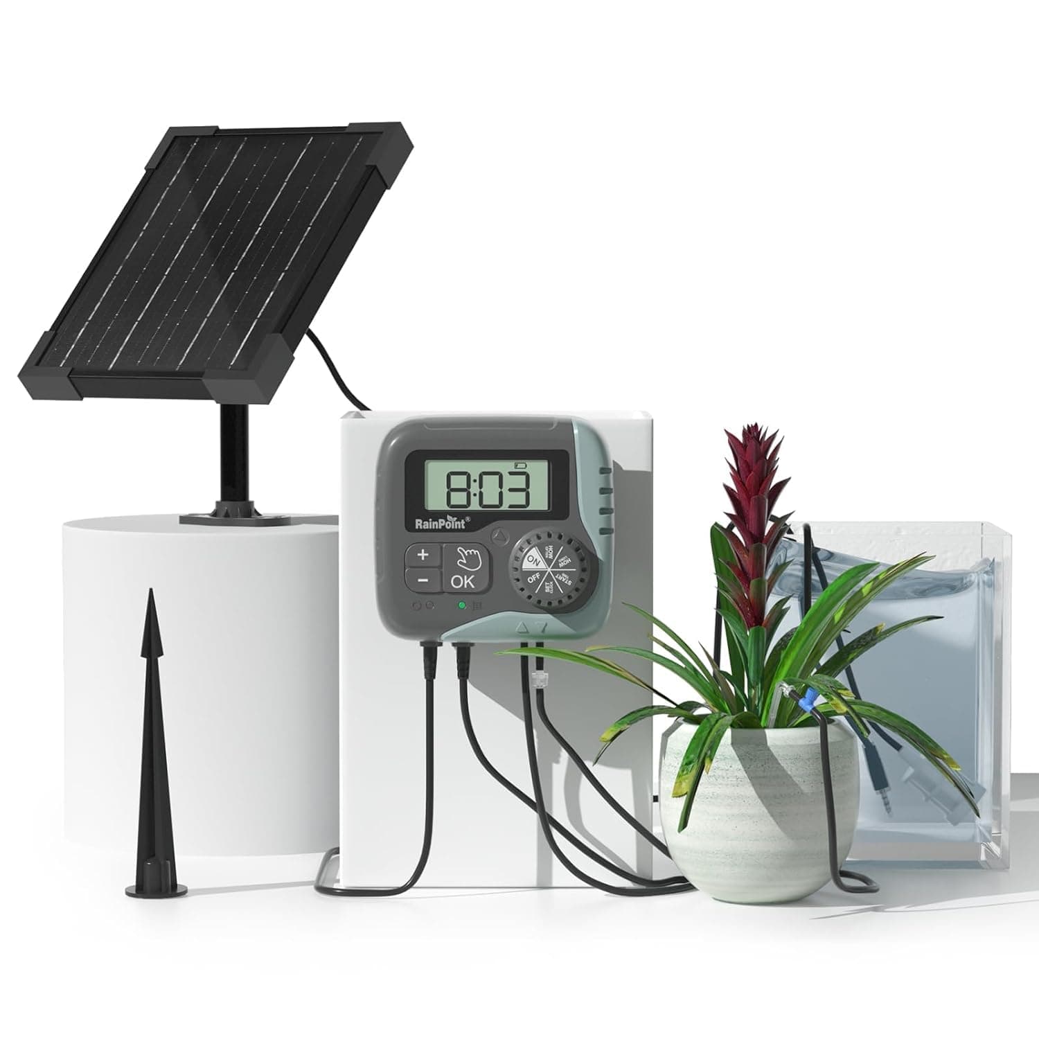 RAINPOINT Kit de Riego por Goteo Automático Solar, Sistema de Riego Automático de 45L/H con Bomba Programable, Batería de 2600mAh, para Macetas Vacaciones, Balcón, Jardín