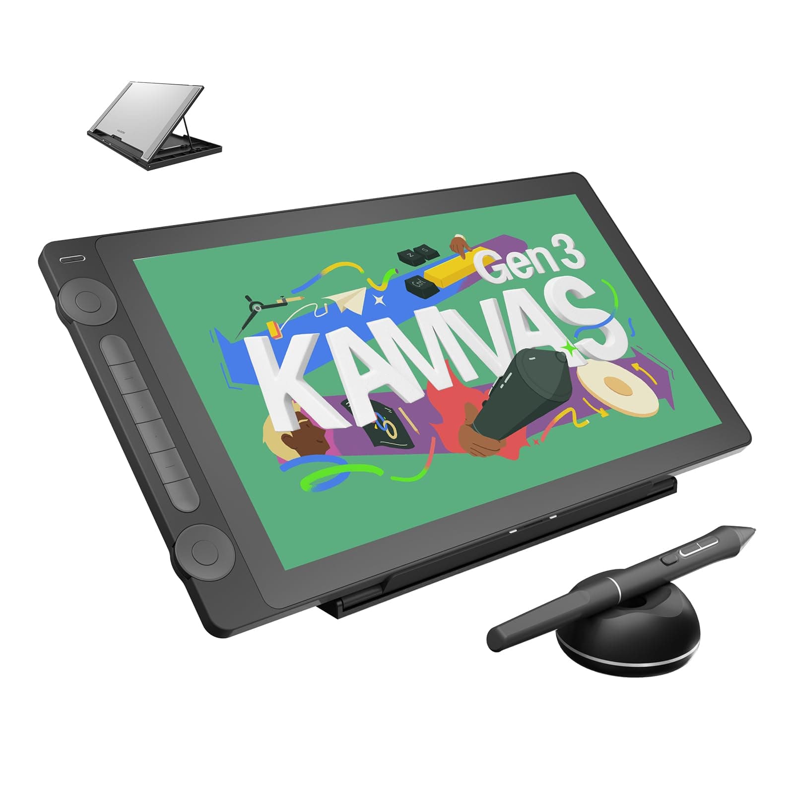 HUION Kamvas 16 Gén3 Tablette Graphique avec Écran, 15,8" 2,5K QHD Tablette Dessin avec Verre Anti-Éblouissant, 99% sRGB PenTech 4.0, 16384 Niveaux de Pression, Deux Molettes pour Mac PC Android
