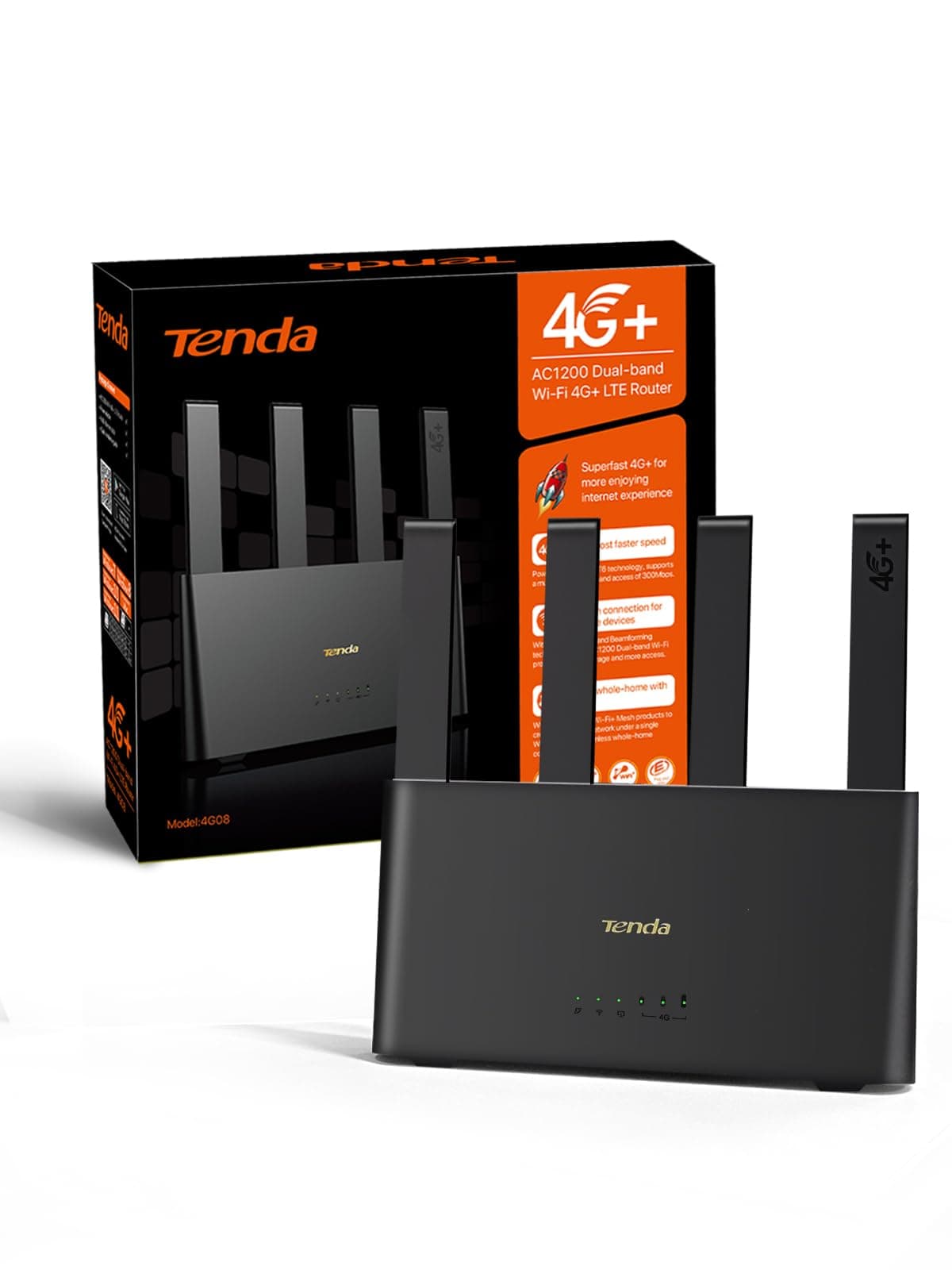 Tenda 4G08 - Router 4G+ SIM, WiFi de Doble Banda AC1200 CAT6 hasta 300Mbps, Router Tarjeta SIM Nano con 4 Antenas Externas, Puerto Gigabit LAN/WAN, OpenVPN, MU-MIMO, Mesh Wi-Fi+, Plug & Play