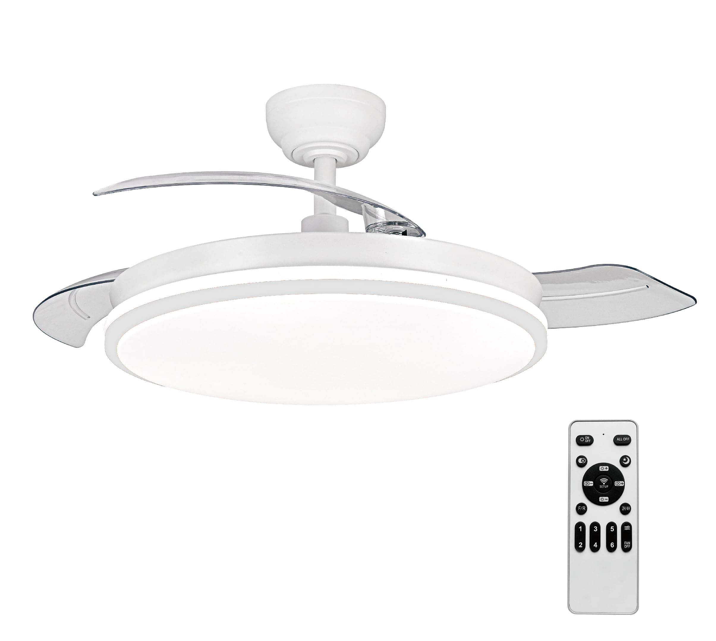 Ventilador de techo con luz con mando 3 aspas, Motor DC 30W+Luz LED,temporizador, 6 velocidades, aspas retráctiles, 3 temperaturas de luz, función verano-invierno Silencioso (Blanco Mate, 50CM)