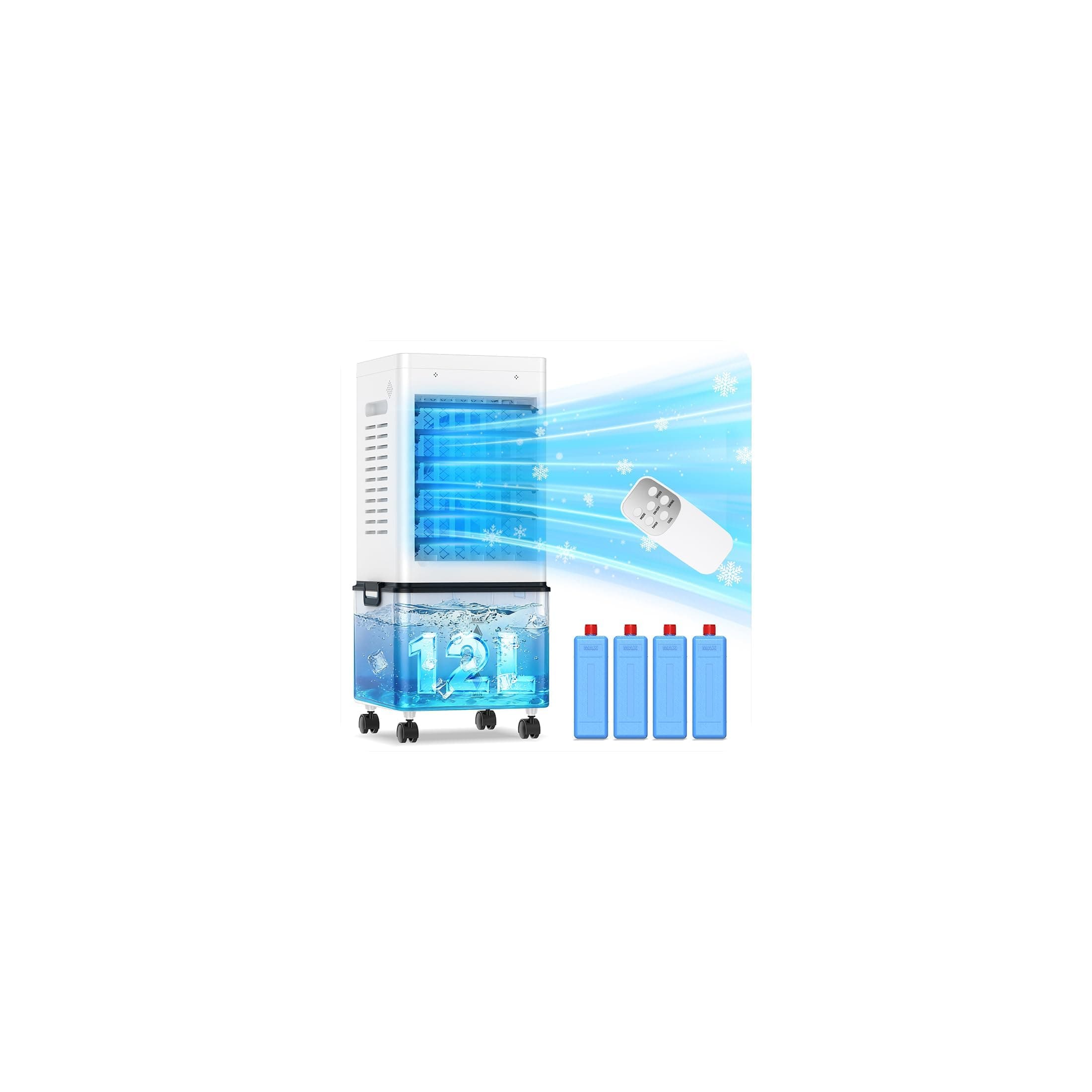 Climatiseur Mobile Silencieux Rafraîchisseur d'Air 12L, Entrée d'Air sur 3 Côtés, 45W avec 6 Vitesses, 3 Modes, Minuterie 24H, Oscillation 60°/120°, 4 Blocs de Glace Inclus pour Chambre, Bureau