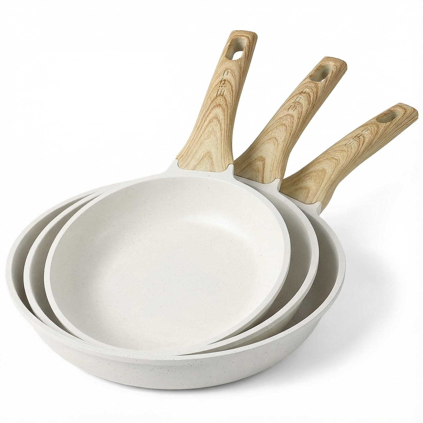 GiPP 3PCS Set de Poêles Antiadhésive en Granit – Poêle à Frire Saine et Non Toxique, Compatible Induction, Sans PFAS ni PFOA, Passe au Lave-Vaisselle, Manche Reste Froid(Blanc,24+26+28cm)