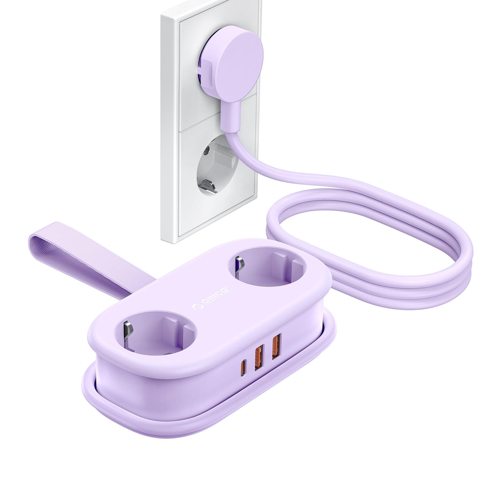 ORICO Steckdosenleiste mit USB C PD 20W, 2 Fächern Reise-Mehrfachsteckdose und 3 USB (1 USB C) Ladeanschlüssen Kompatibel mit Telefon, mit 1,5m Kabel für das Home Office auf dem Schiff (AP3-Lila)