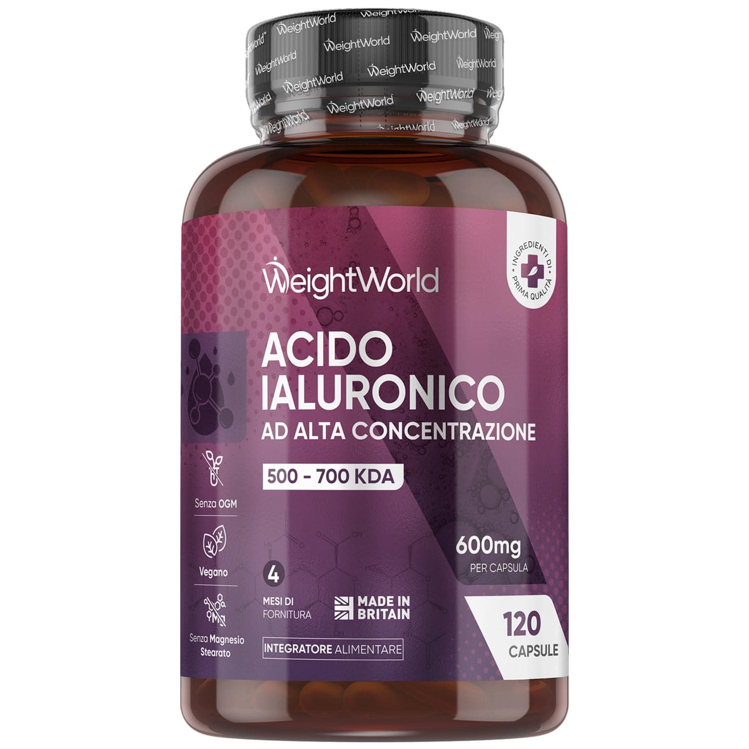 Acido Ialuronico Vegano da 600mg, 120 Capsule, 1 al Giorno con 500-700 kDa, (per 4 Mesi), Acido Ialuronico Integratore da Sodio Ialuronato, Hyaluronic Acid, Privo di Magnesio Stearato e Senza Glutine