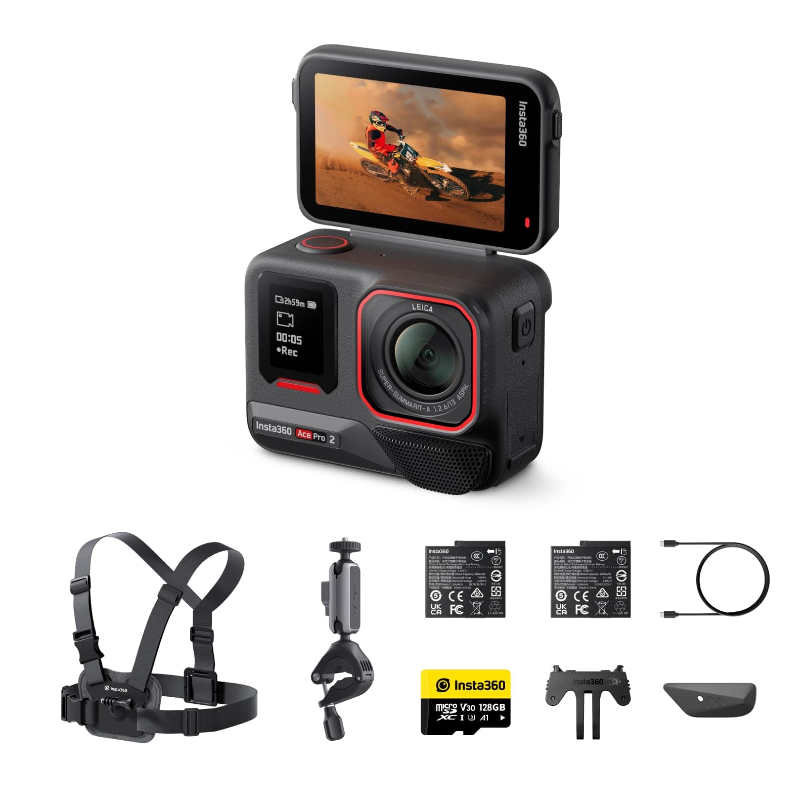 Insta360 Ace Pro 2 Pack Bici - Action Cam Impermeabile in 8K co-ingegnerizzata con Leica, sensore 1/1.3", doppio chip IA, superba in bassa luce, audio superiore.