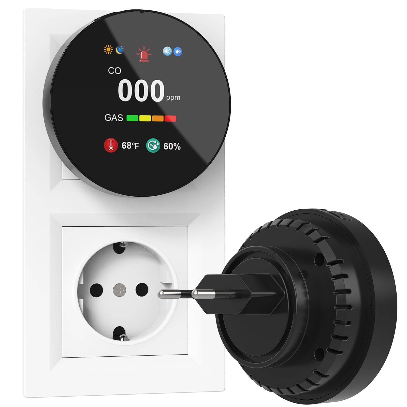 CHZHVAN Rilevatore Gas e Monossido di Carbonio 4-in-1 Plug-in, Allarme di CO con Regolazione Luminosità Schermo, Rivelatore di Naturale Gas, Nero