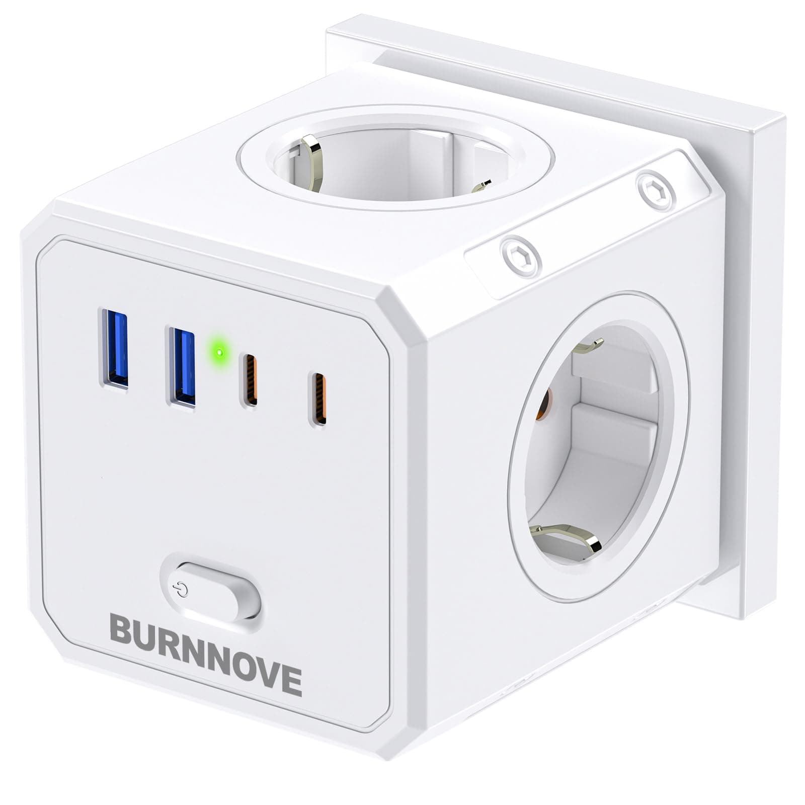 BURNNOVE Cubo Enchufe 8 en 1 Ladron Enchufes 4000W Cubo Enchufes Múltiples Pared con 4 Tomas de CA y 4 USB Cubo Enchufe Multiple Pared con Interruptor para Hogar Oficina Viajes