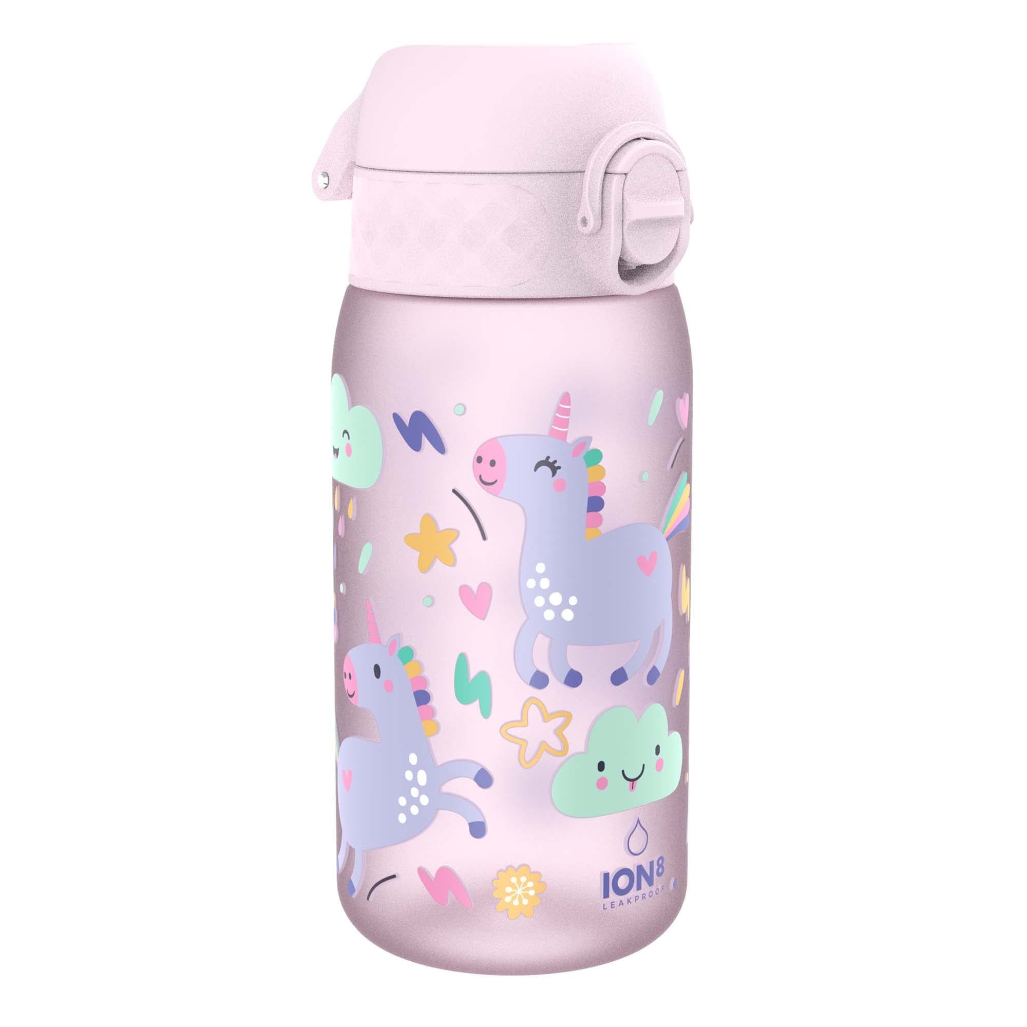 ion8 Botella de Agua para Niños, 350ml, a Prueba de Fugas, Fácil de Abrir, Cerradura Segura, Apta para Lavavajillas, Sin BPA, Asa de Transporte, Fácil de Limpiar, Neutro en Carbono, Unicornios