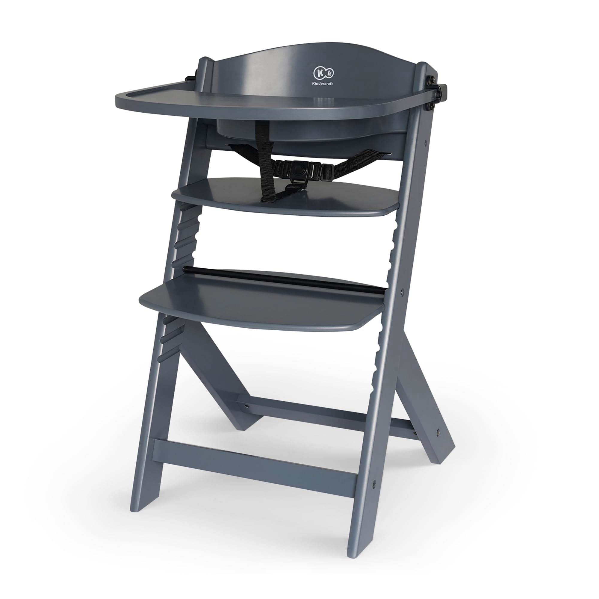 Kinderkraft Seggiolone Pappa in Legno ENOCK, Evolutivo, Multifunzionale, Sedia Ergonomica, Altezza Regolabile, Facile da Pulire, dai 6 Mesi ai 10 Anni, Grigio Pieno