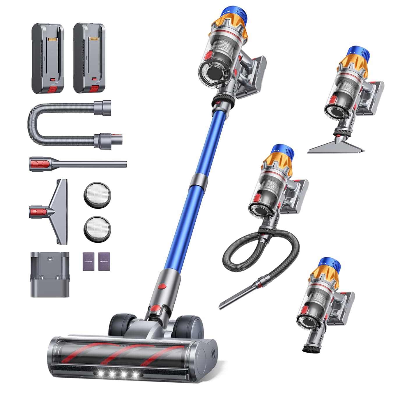 Fieety Aspirateur Balai sans Fil avec 2 Batteries, 130Min/50kPa/600W Aspirateur sans Fil Puissant, Tuyau Extensible, Brosse Canapé, Parfumé, Mode Automatique pour Sols Durs, Tapis, Animaux et Voiture