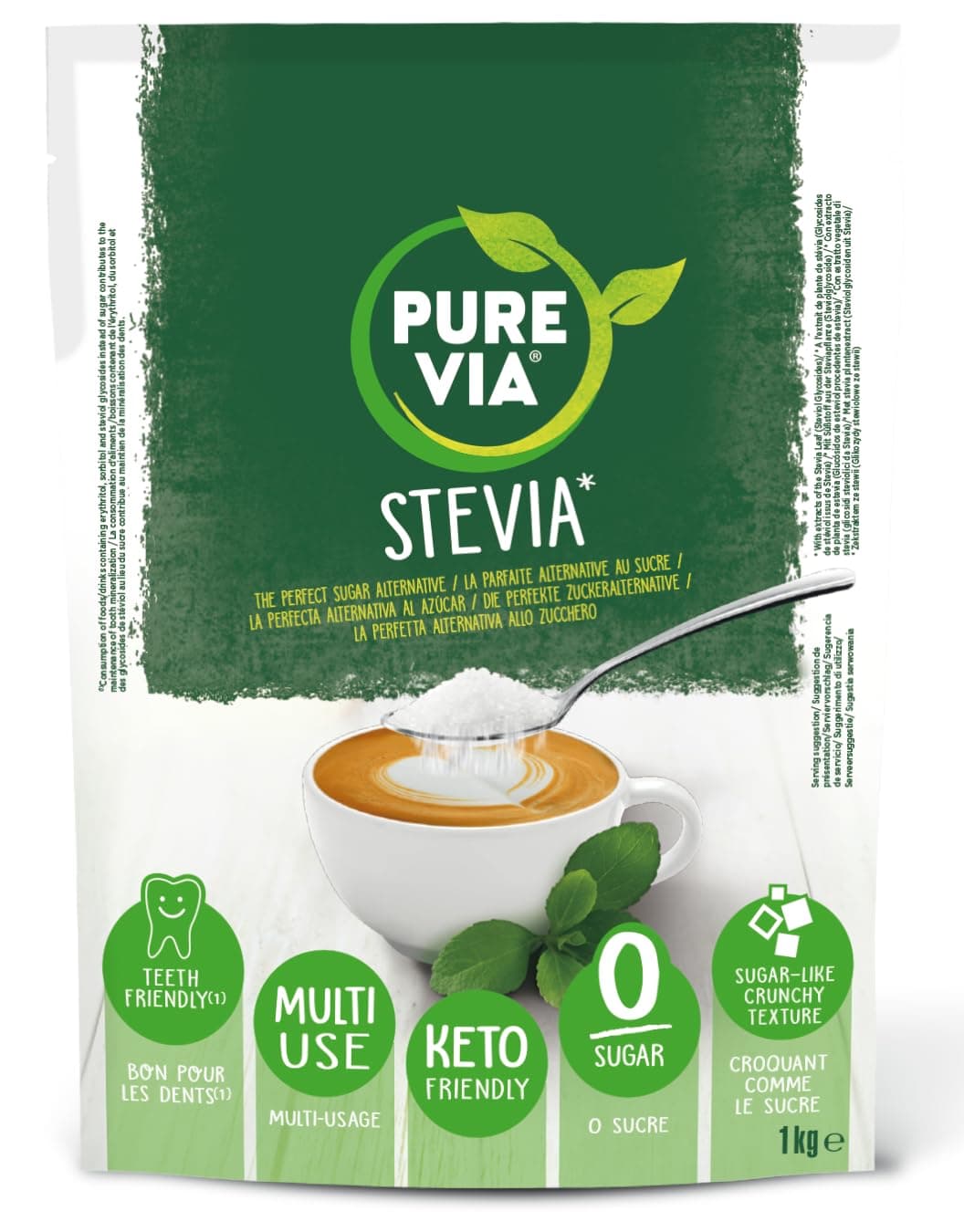 Pure Via - Poudre Cristallisée, Alternative au Sucre d’Origine Naturelle - Stévia, Zéro Sucre, 1 x 1Kg
