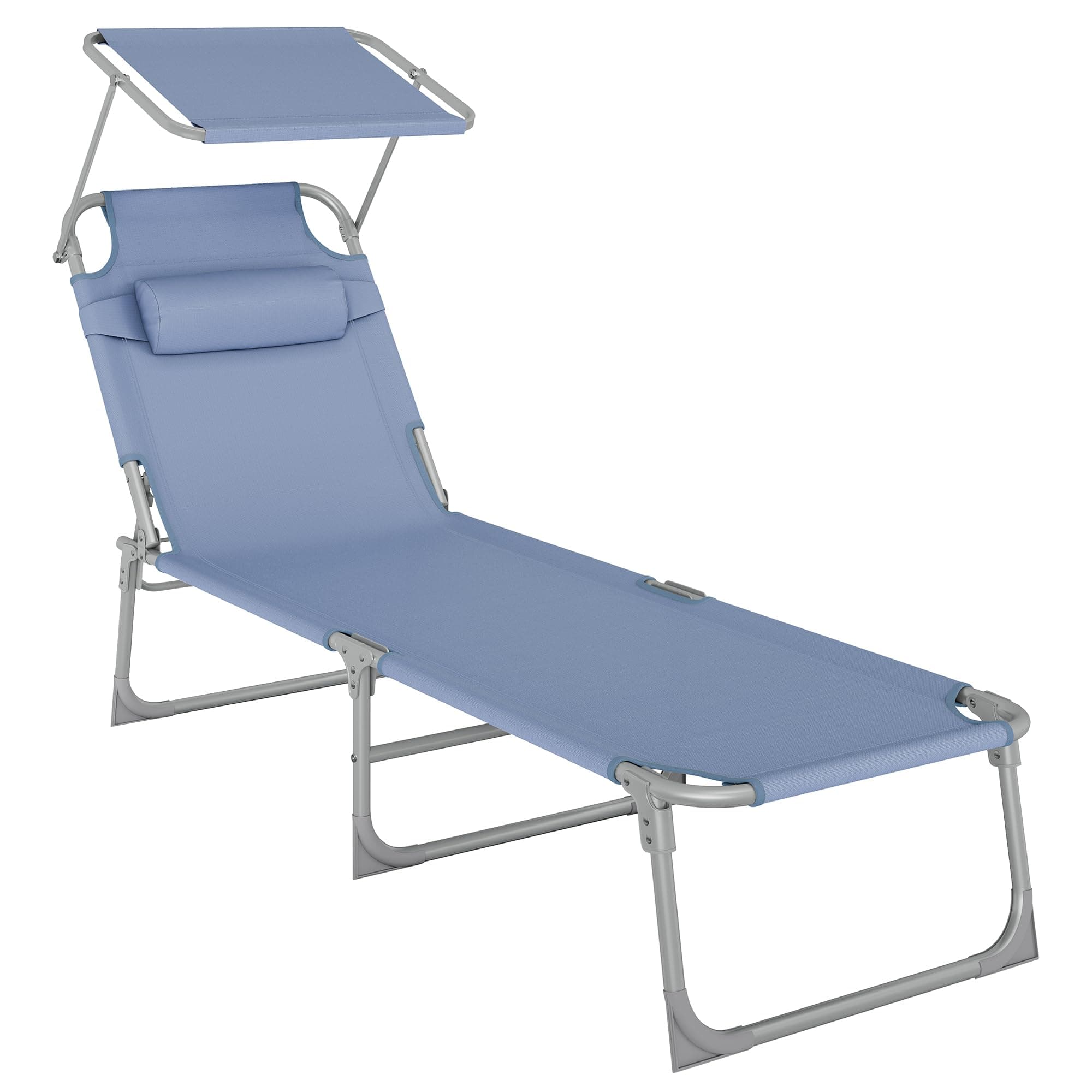 SONGMICS Bain de Soleil, Chaise Longue Pliable, 193 x 53 x 29 cm, Capacité de 150 kg, avec Pare-Soleil, Appuie-Tête, Dossier Réglable, pour Jardin, Piscine, Terrasse, Bleu GCB192Q01