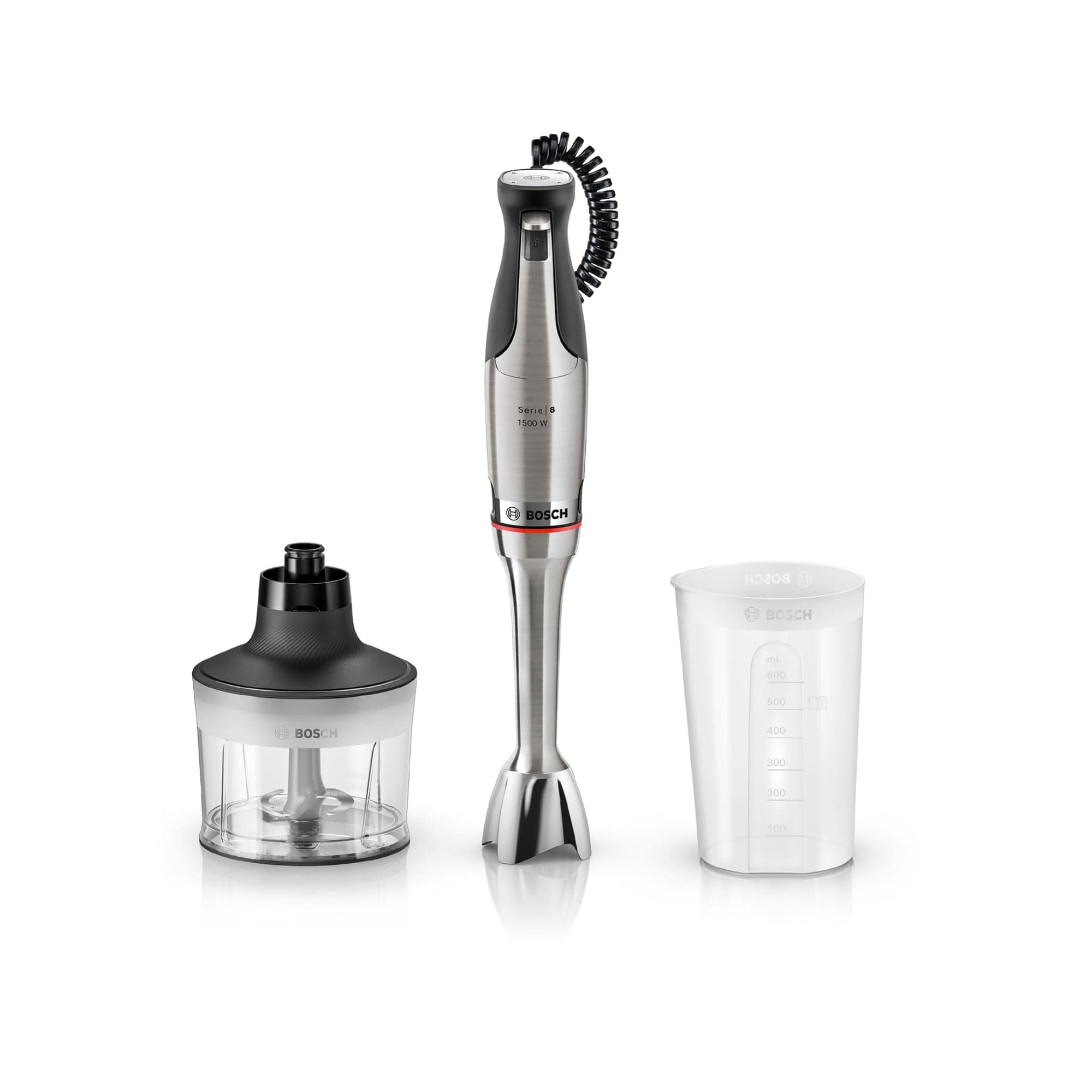 Bosch - Batidora de mano, serie ErgoMaster 8, motor de 1.500 vatios, ajuste intuitivo de la velocidad, cuchilla de 6 hojas, accesorios incluidos, acero inoxidable, MSM8M930