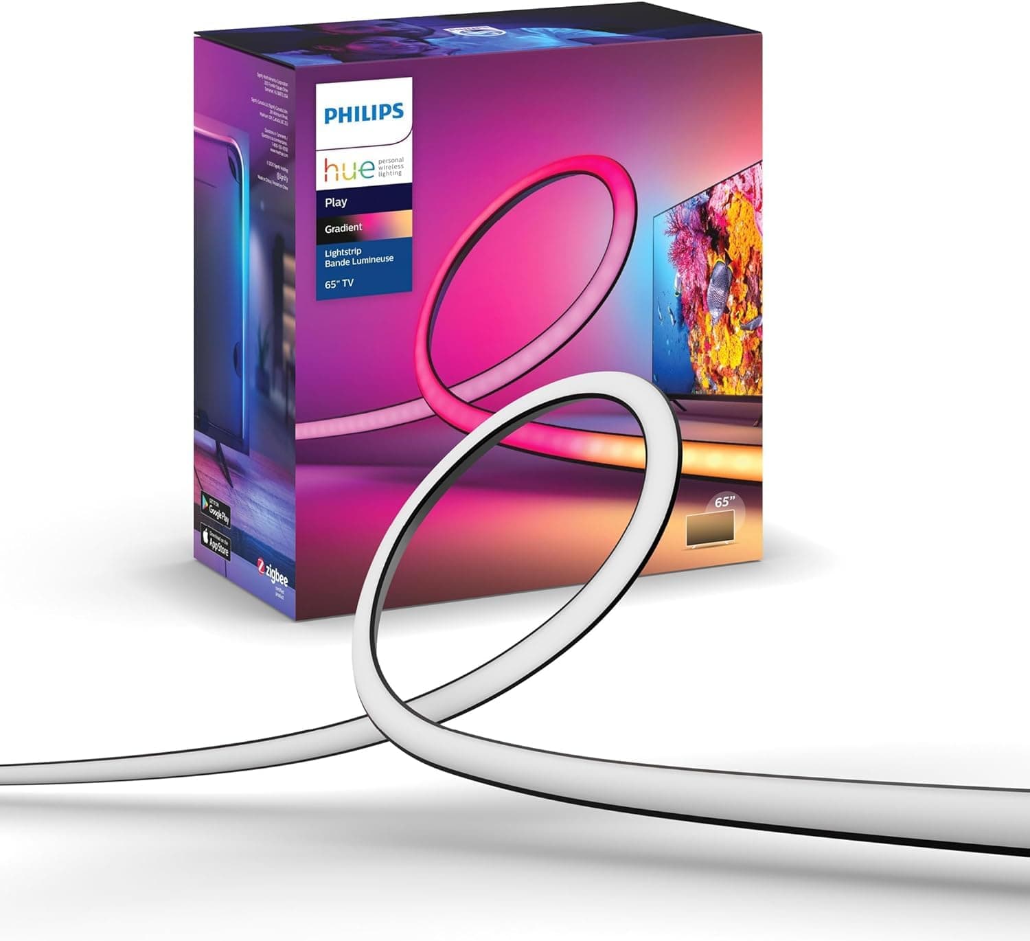 Philips Hue Lightstrip Play Gradient pour TV 65 pouces, Bande ambilight pour synchronisation de la lumière avec l'écran, Bande led compatible avec Alexa, Google Assistant et Apple Homekit