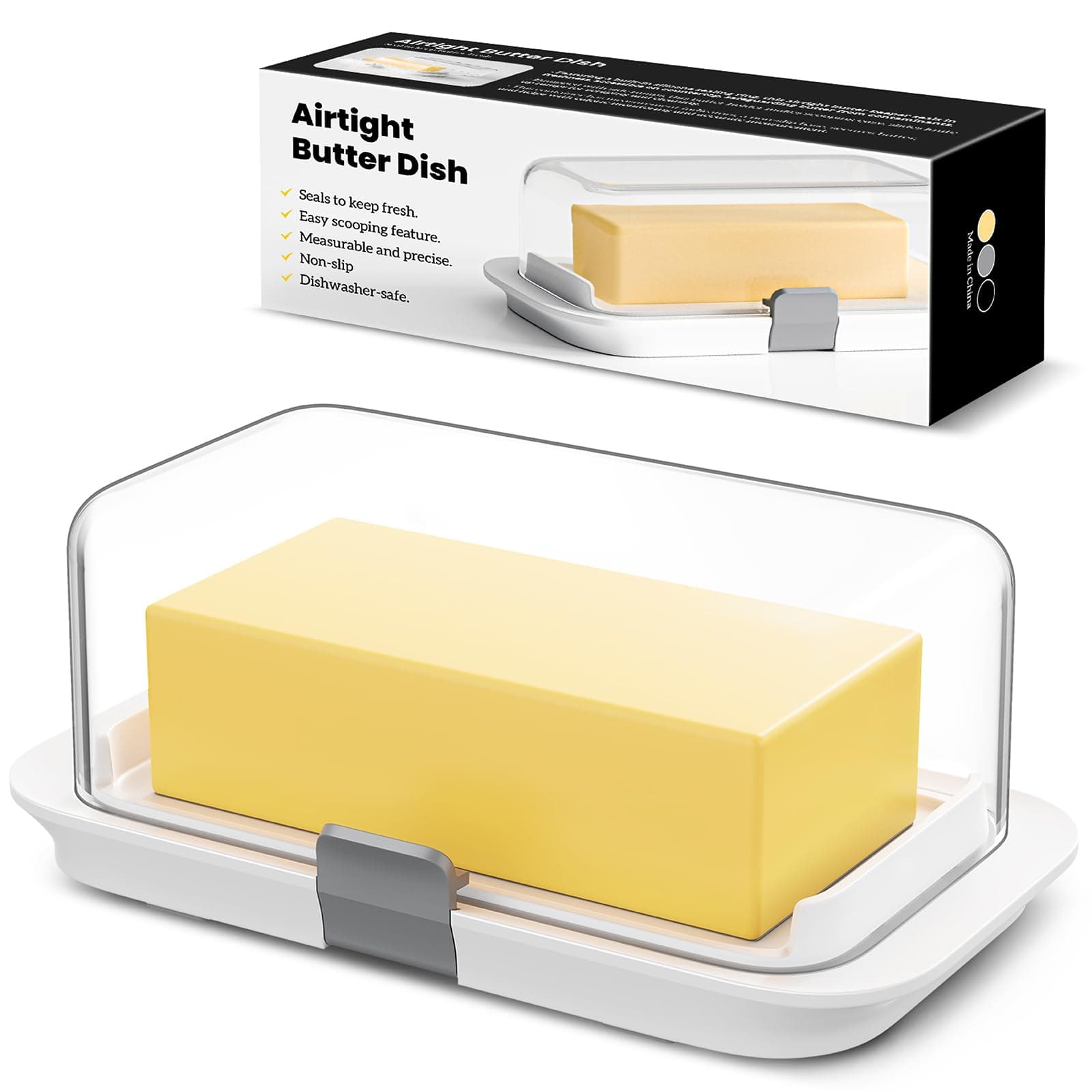 Pisol Beurrier pour 250 g et 500 g de beurre, grand récipient à beurre hermétique avec couvercle pour une livre complète de beurre, récipient à beurre verrouillable pour le plan de travail, blanc