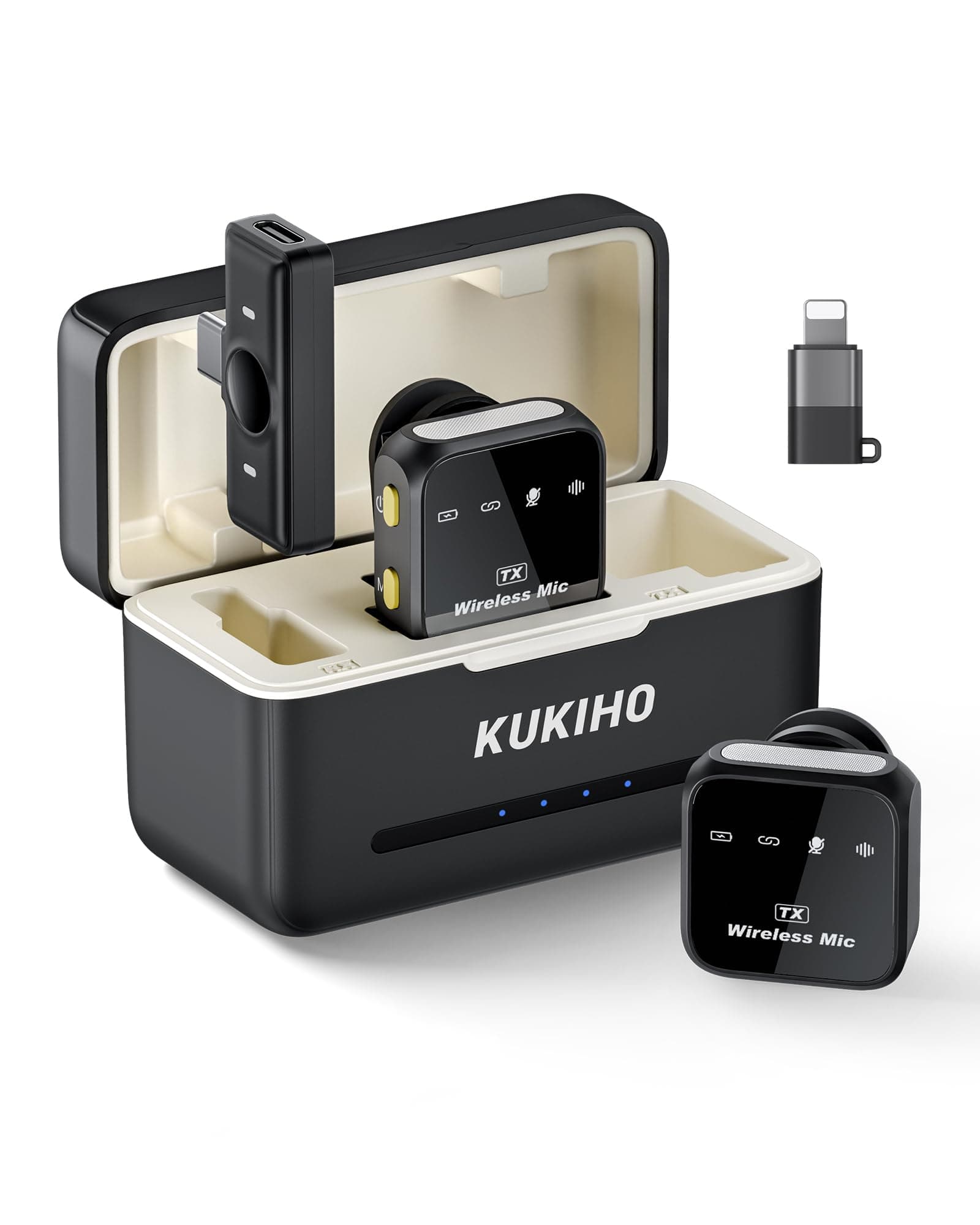 KUKIHO Microfono Lavalier Wireless con Custodia di Ricarica, Cancellazione del Rumore, per iPhone Android, Registrazione Video, YouTube, Vlog