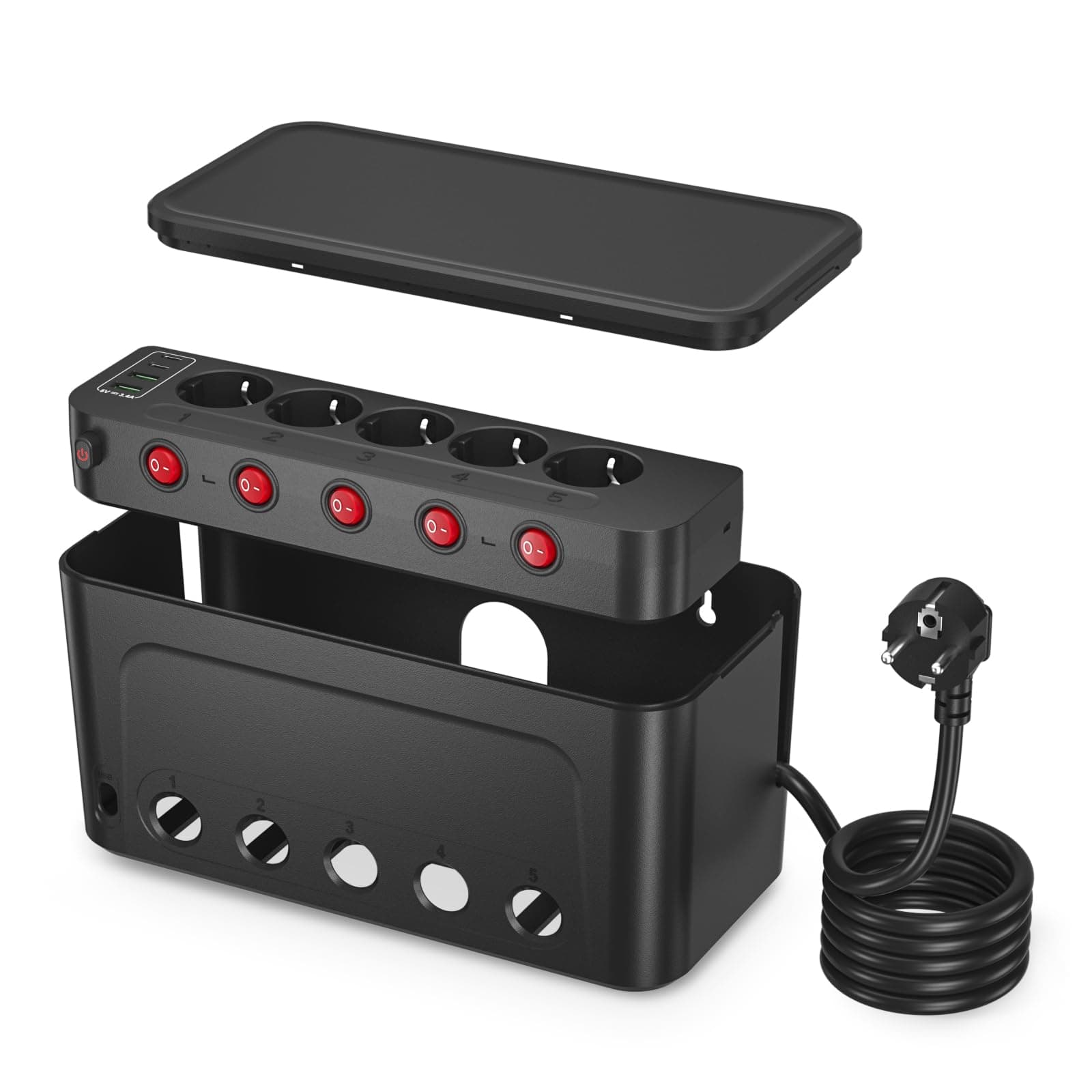 Scatola Porta Cavi con Ciabatta Multipresa, Presa Multipla Salvaspazio 5 Prese con Interruttore Indipendenti, Scatola Nascondi Cavi con Ciabatta Elettrica USB, Scatola Cavi Organizer Cavo 1,5M, Nero