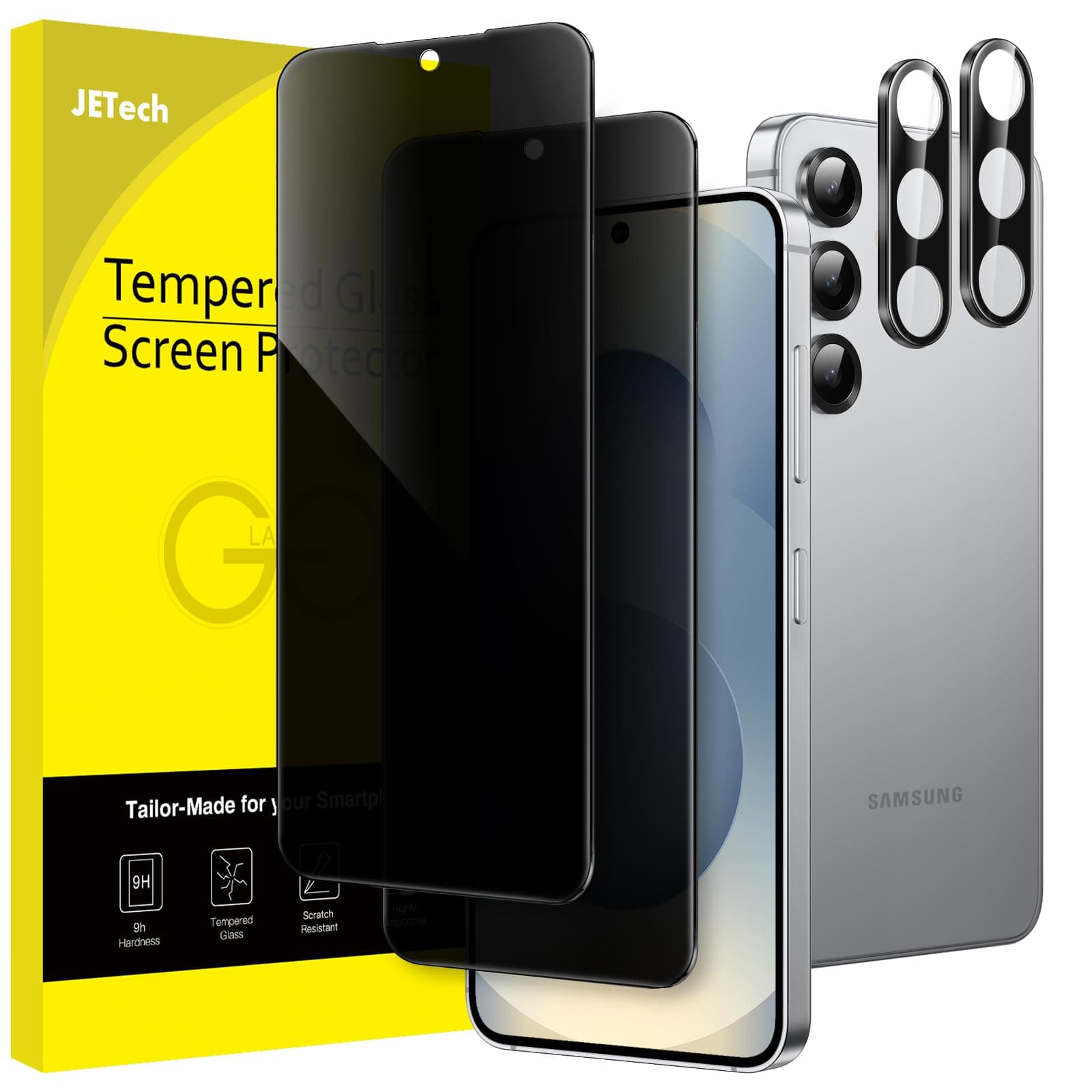 JETech Sichtschutz für Samsung Galaxy S25 5G mit Kameraschutz, Anti-Spy Gehärtetes Glas Schutzfolie, Fingerabdruck ID Kompatibel, 2 Stück Jeweils