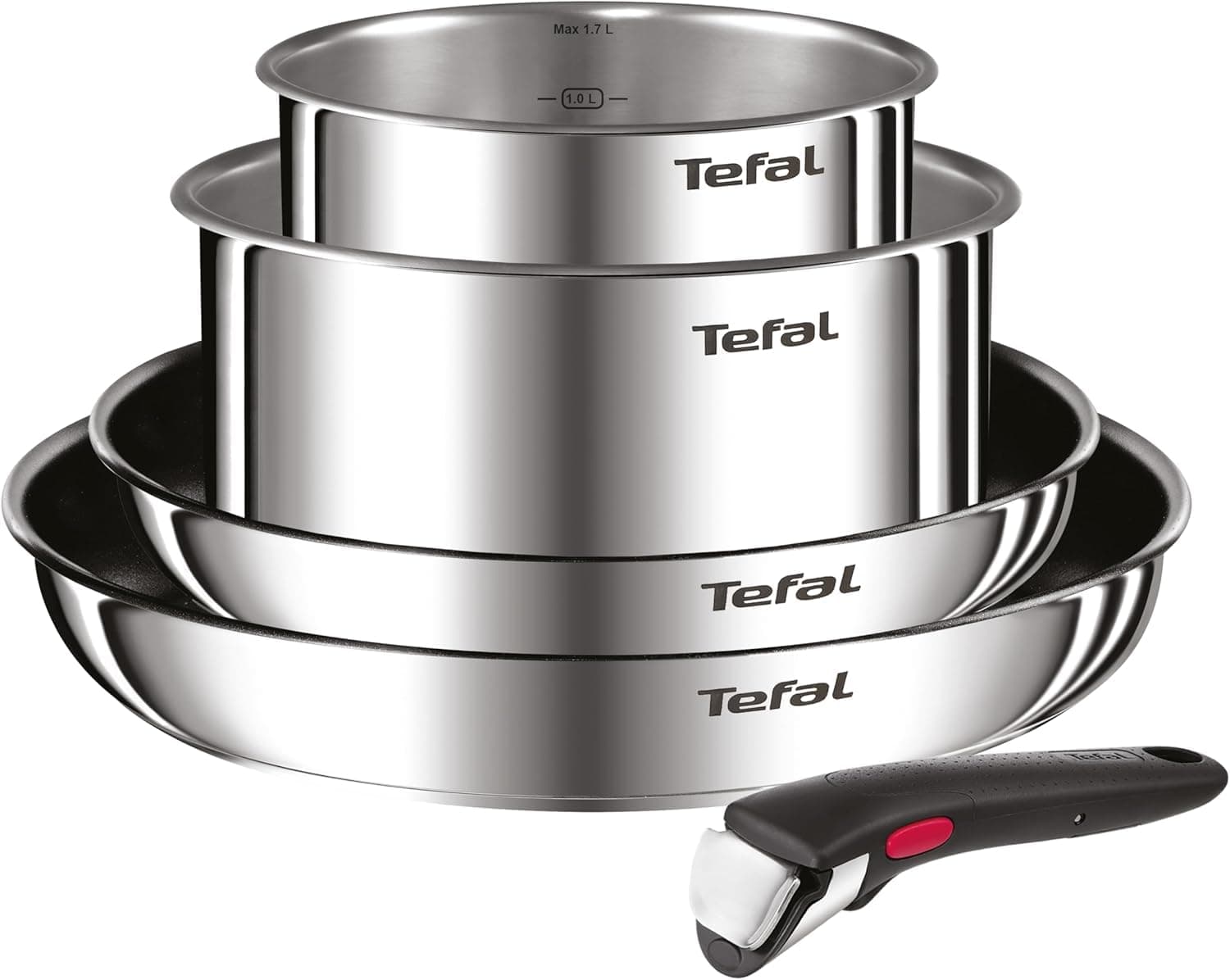 Tefal Ingenio Emotion - Juego de 2 Sartenes 24/28 cm + 2 Cazos 16/20 cm + Mango extraíble, Apto inducción, antiadherentes, revestimiento titanio, apto lavavajillas y horno