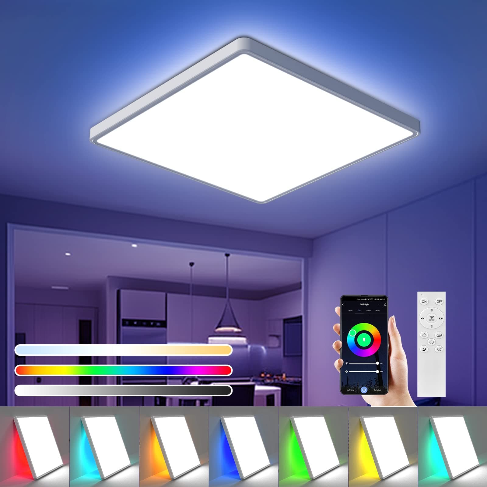 OTREN Plafon LED Techo con RGB Retroiluminación, Regulable Lámpara de Techo con Mando a Distancia, Luz Panel para Baño, Salón, Dormitorio, Cocina, Oficina, Cuadrada, Ø30CM