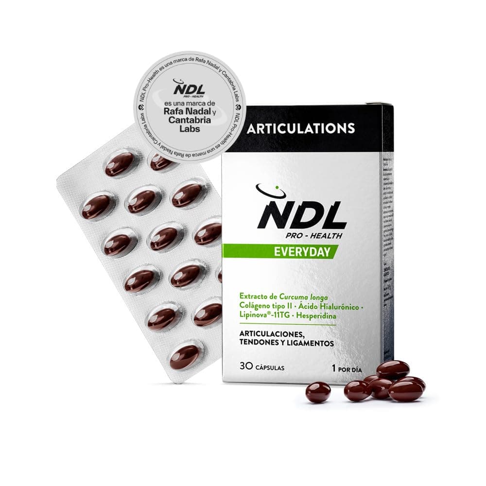 NDL Pro-Health Articulations | Colágeno Tipo II + Ácido Hialurónico + Cúrcuma + Vitamina C | Soporte para huesos, cartílagos y articulaciones | Contiene aceite de pescado | Rafa Nadal & Cantabria Labs