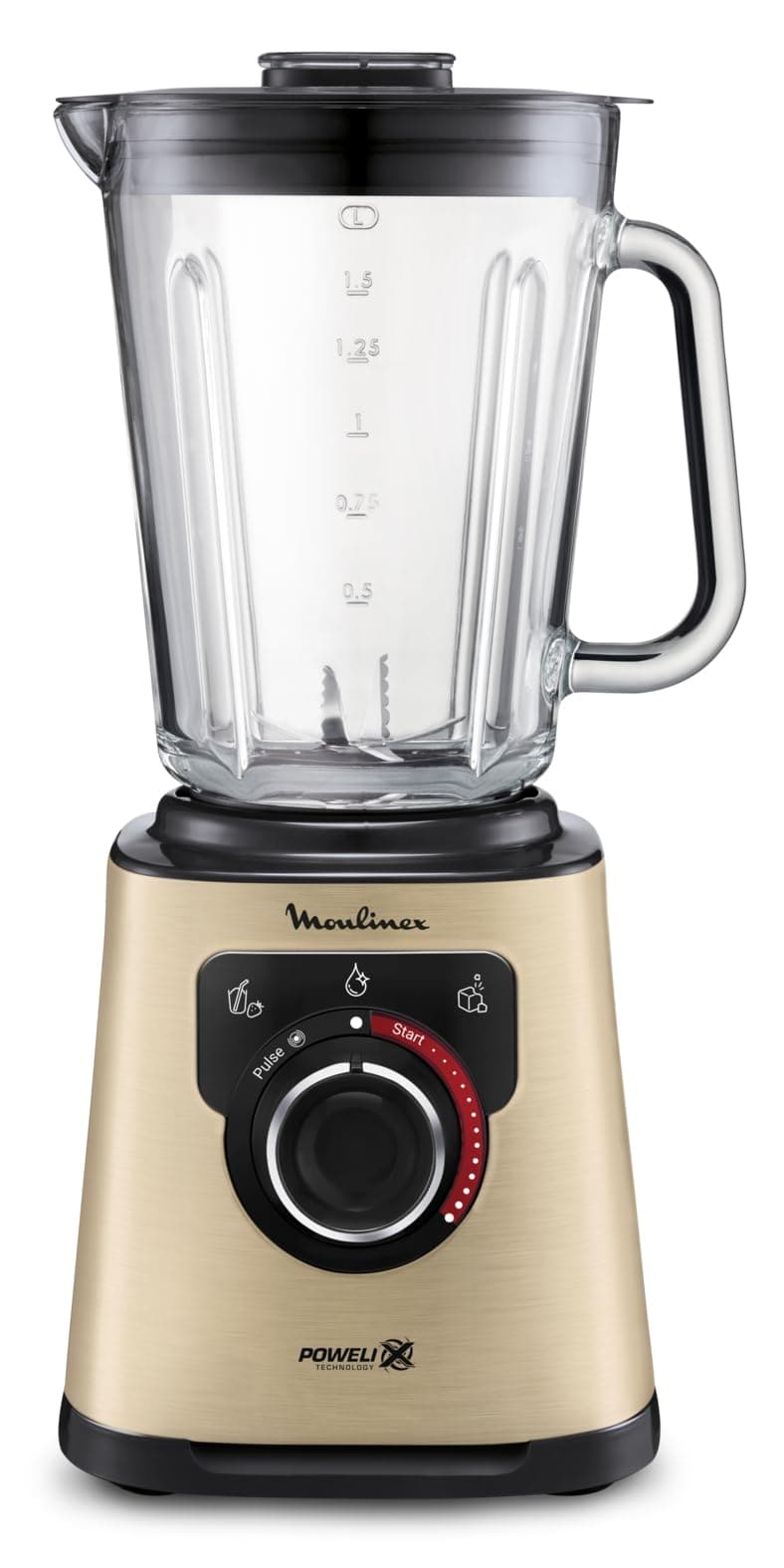 Moulinex Blender elettrico 1200 W, ciotola di vetro 2L, velocità regolabile, tecnologia Powelix, ghiaccio tritato, facile pulizia, PerfectMix nero/oro LM871A10
