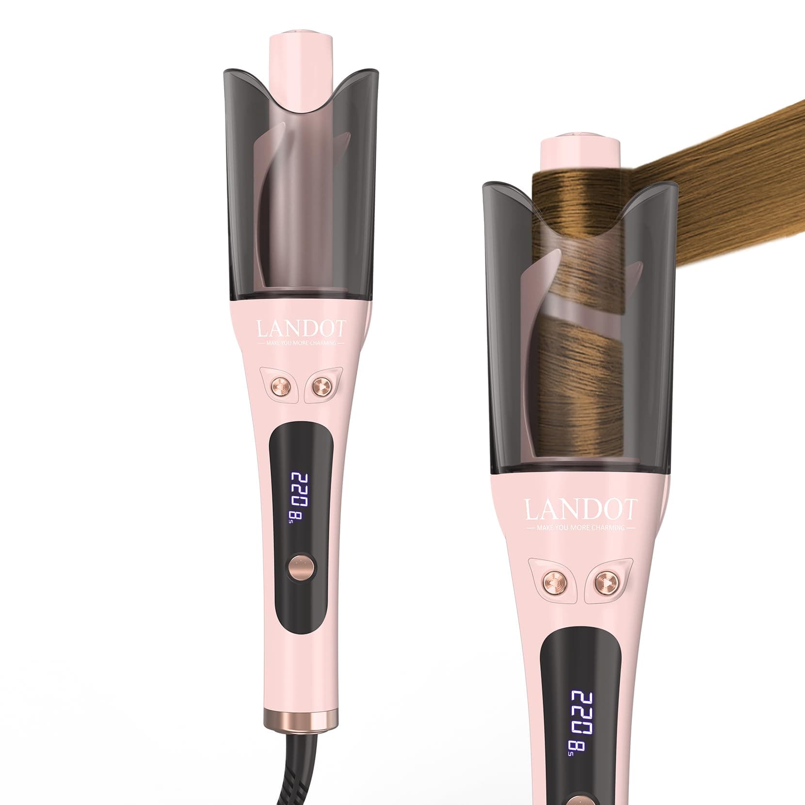 LANDOT Arricciacapelli Automatico 25mm Rosa - Facile da Usare per Principianti, Anti-Scaldatura Sicuro per Ricci Ondeggianti e 8 Temperature Regolabili per Capelli Fini e Spessi