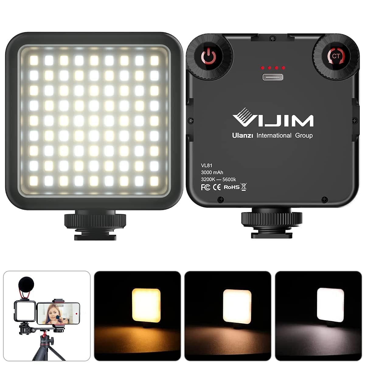 ULANZI VL81 Videoleuchte 81 LEDs Videolicht mit Cold Shoe, Foto Licht 3200K-5600K Farbtemperatur Helligkeit Einstellbar CRI 95+, 3000mAh Akku Kamera Licht für Fotografie YouTube Videoaufnahme