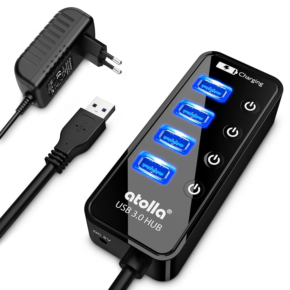 Atolla Hub USB 3.0 alimenté, Hub USB à 4 Ports multiprise avec commutateurs individuels Marche/arrêt - Adaptateur d'alimentation Inclus