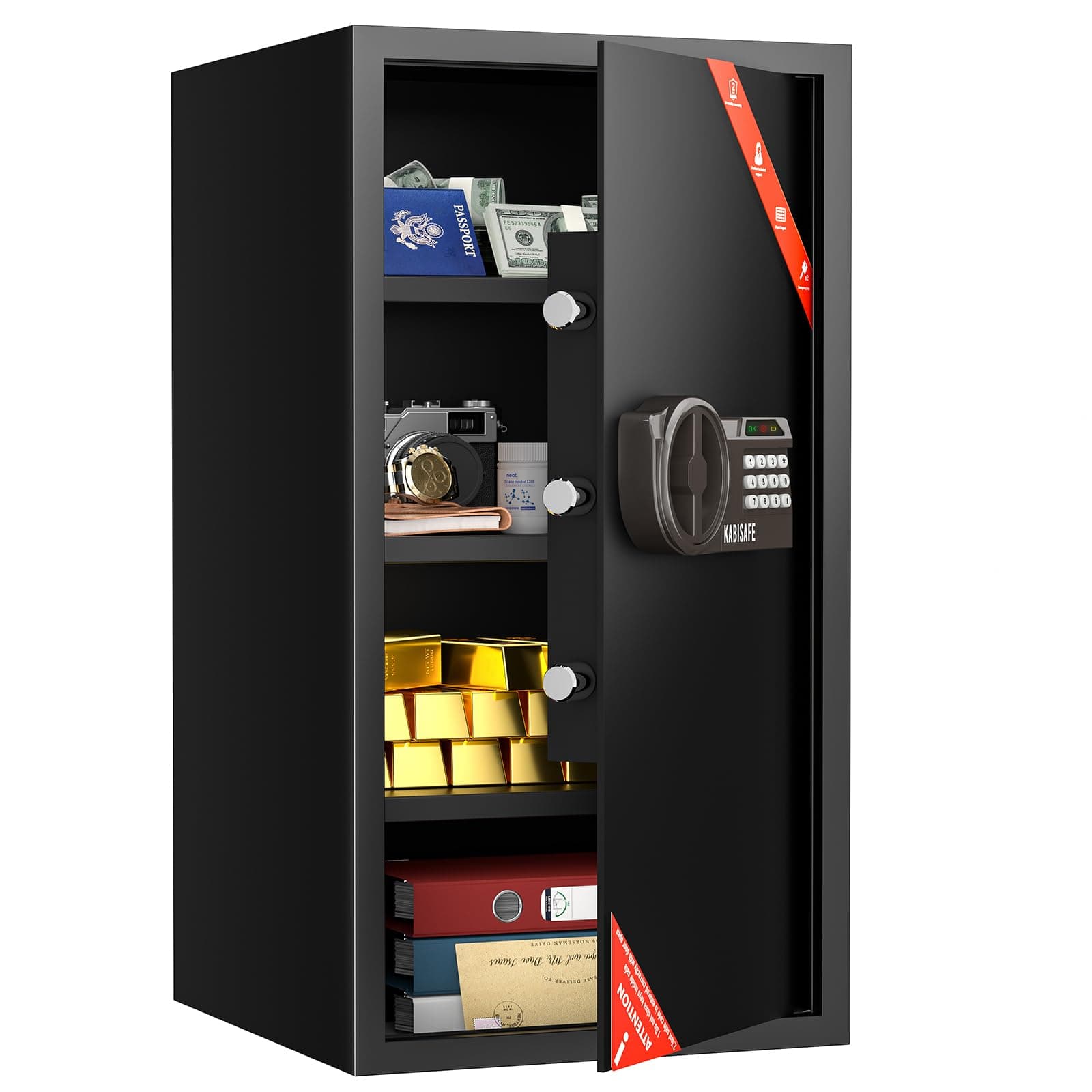 KABISAFE Grand coffre-fort numérique 100 L avec serrure à combinaison et alarme, 3 étagères amovibles, lumière LED, coffre mural pour bijoux, argent et documents